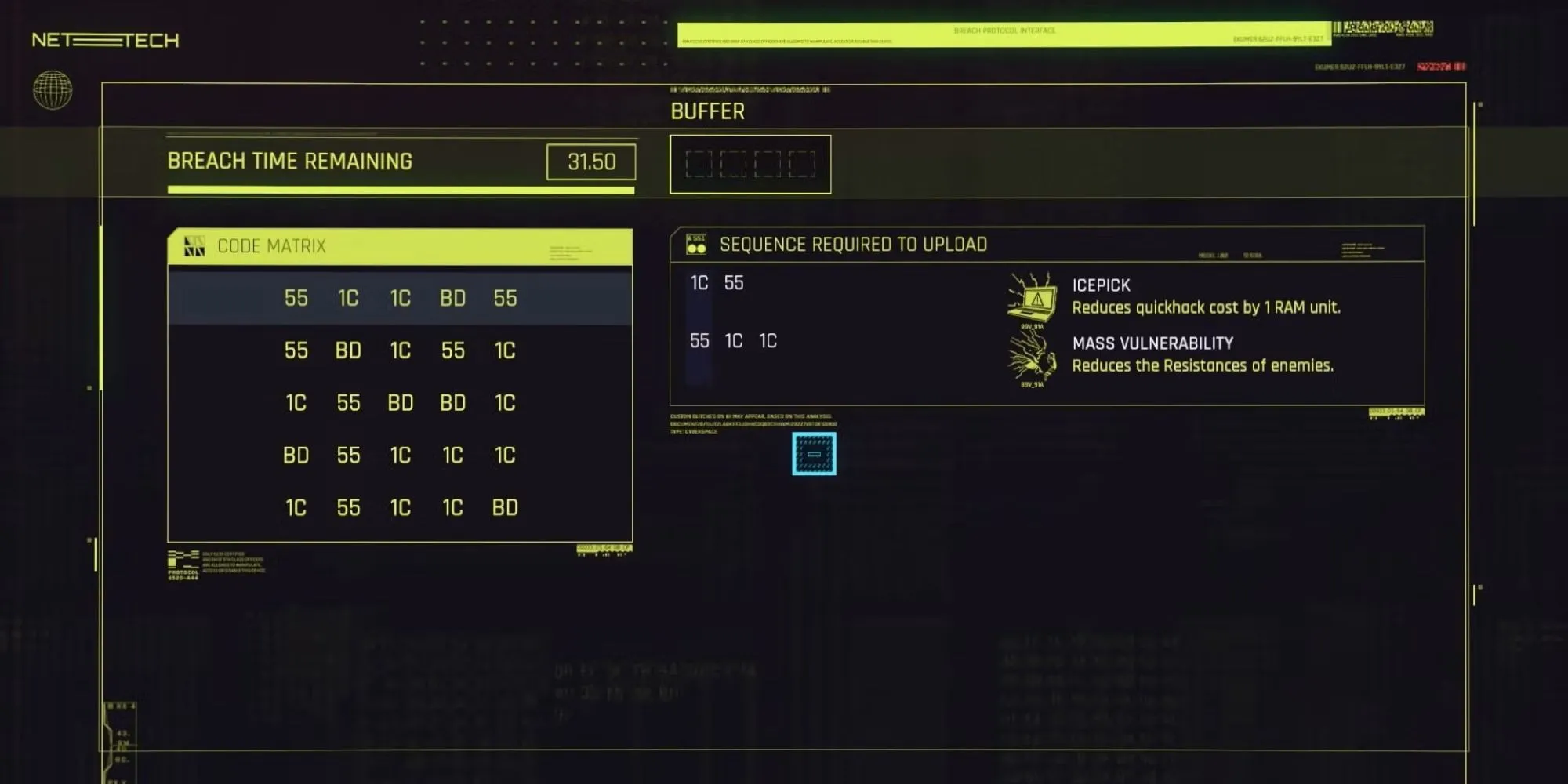 Giao diện mini-game Breach Protocol đầy màu sắc trong Cyberpunk 2077