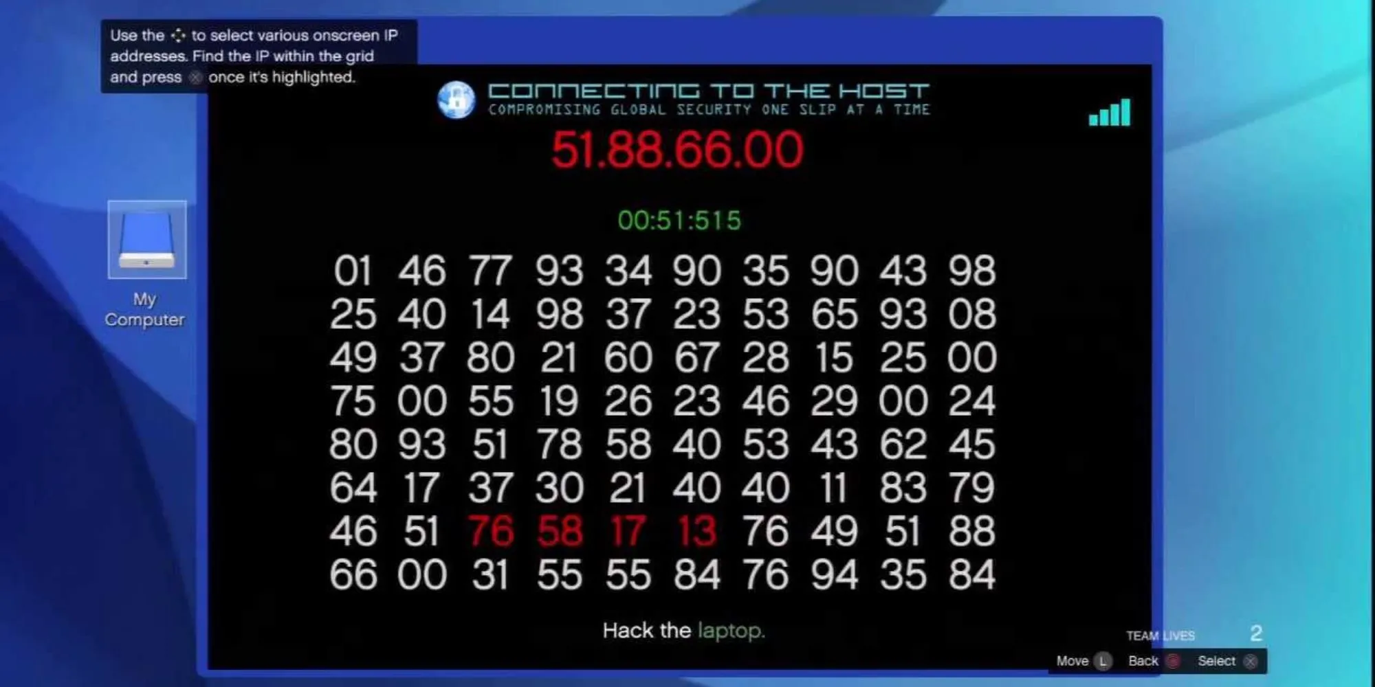 Giao diện mini-game hacking trong GTA Online với các dòng mã lệnh phức tạp
