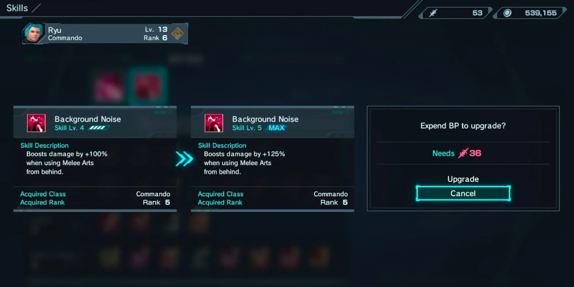 Giao diện nâng cấp Arts và Skills cho nhân vật trong Xenoblade Chronicles X.