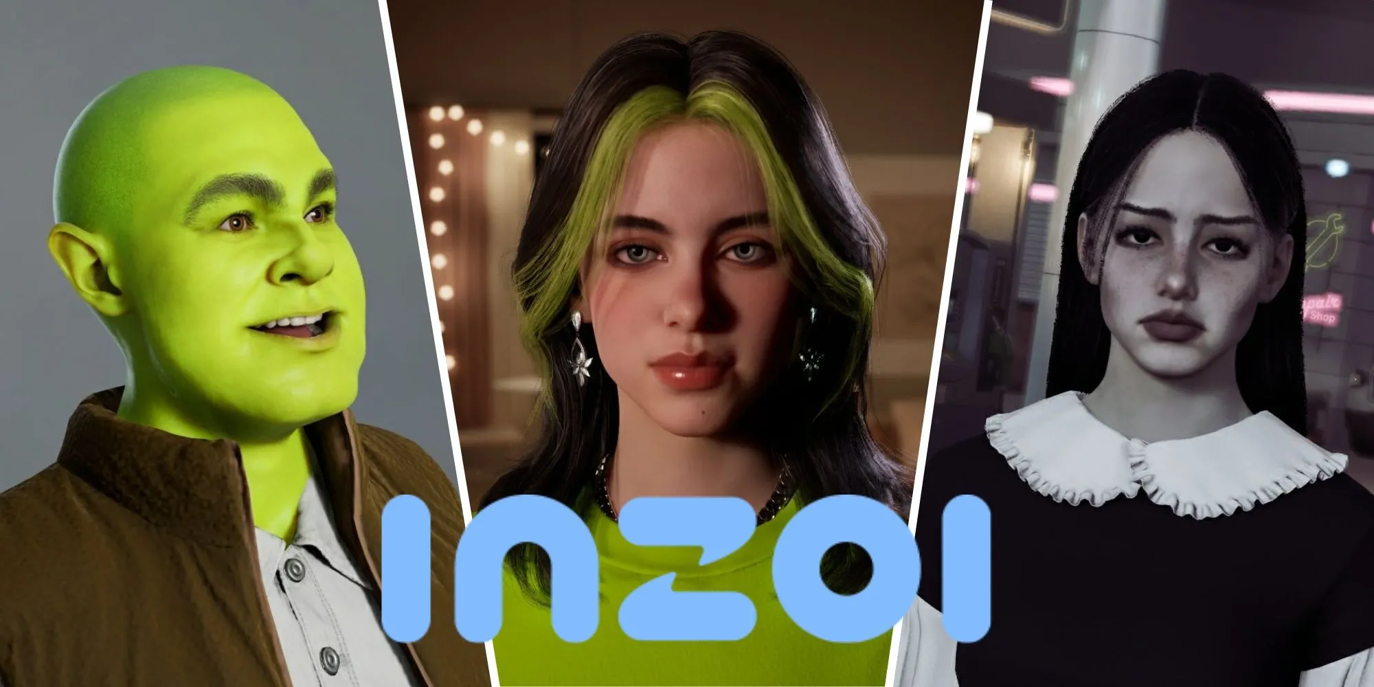Giao diện tạo nhân vật trong InZOI với các ví dụ về Shrek, Billie Eilish và Wednesday Addams, thể hiện sự linh hoạt của công cụ.