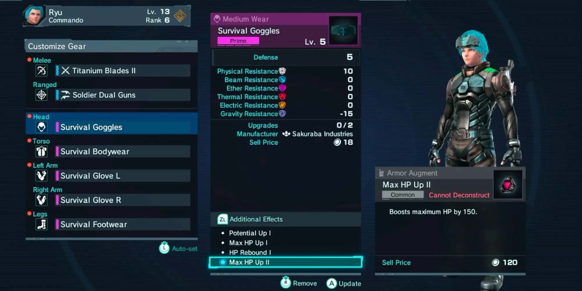 Giao diện trang bị Augment cho vũ khí và giáp trong Xenoblade Chronicles X.
