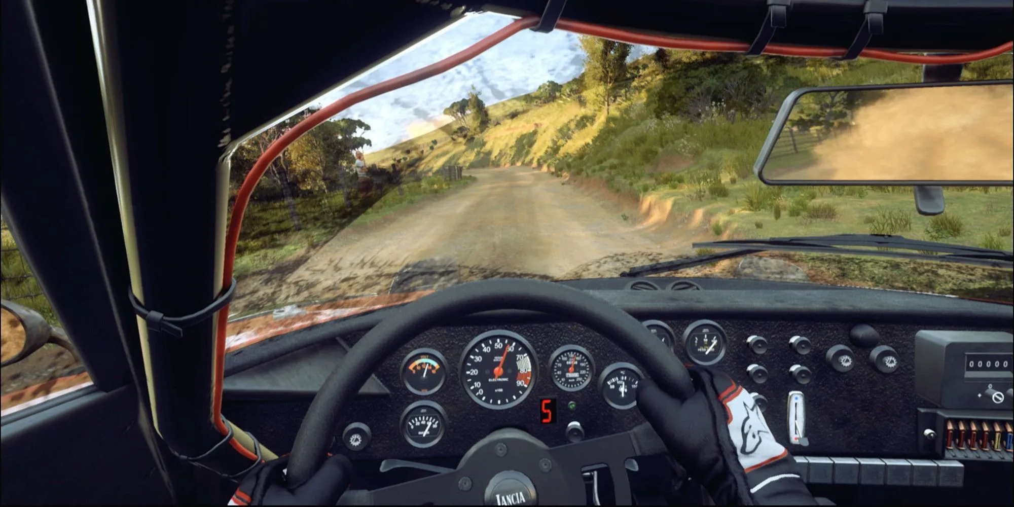 Góc nhìn buồng lái không HUD trong Dirt Rally 2.0 khi đang đua