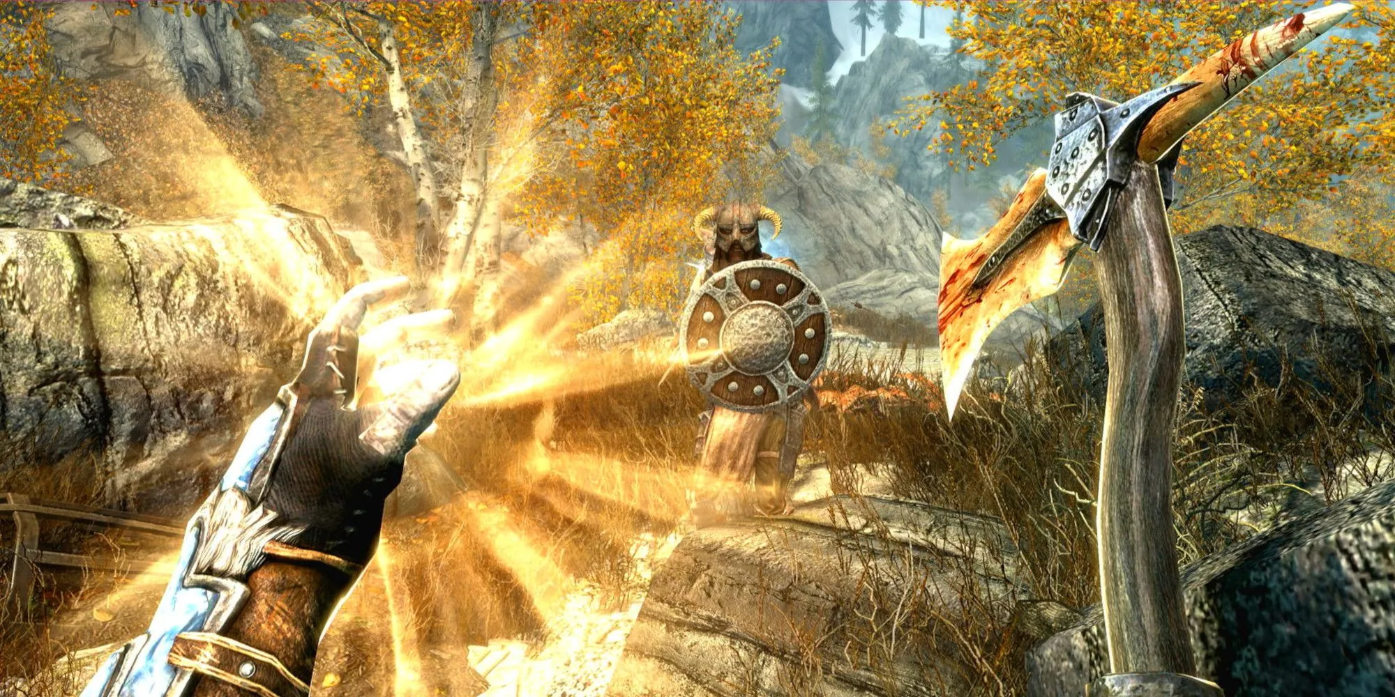 Góc nhìn thứ nhất không HUD trong Skyrim, nhìn ra khung cảnh thiên nhiên