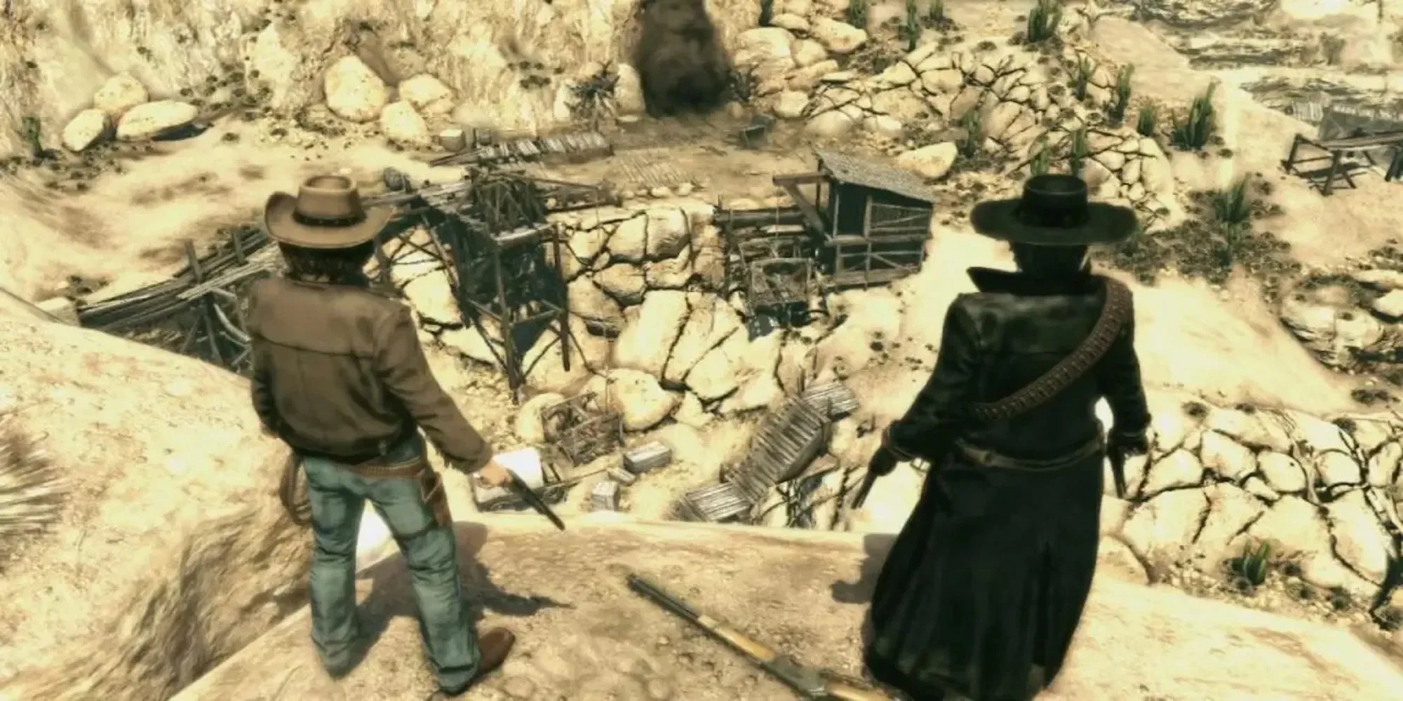 Hai cao bồi chuẩn bị đấu súng trong game FPS Call of Juarez Bound in Blood bối cảnh miền Viễn Tây hoang dã