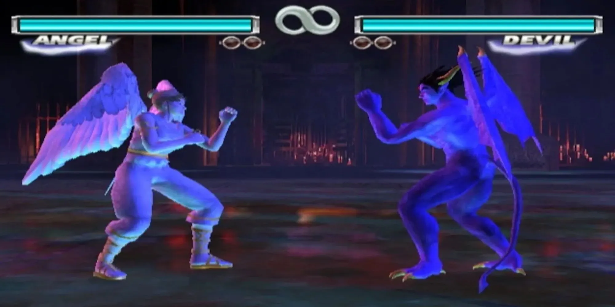 Hai nhân vật Jin Kazama và Kazuya Mishima trong game Tekken Tag Tournament đang giao đấu