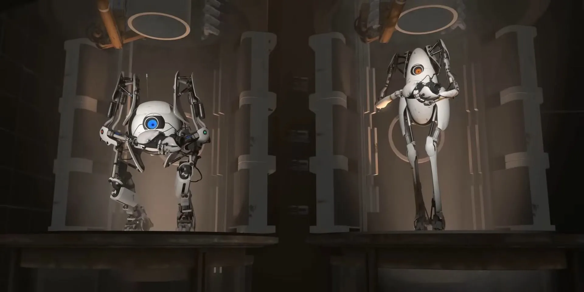 Hai robot Atlas và P-Body giải đố trong chế độ co-op game Portal 2