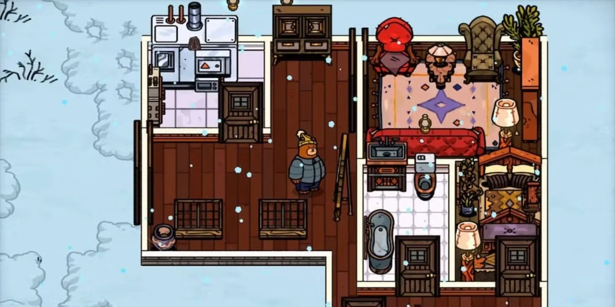 Hank đứng trong khu nghỉ dưỡng trong game Bear and Breakfast