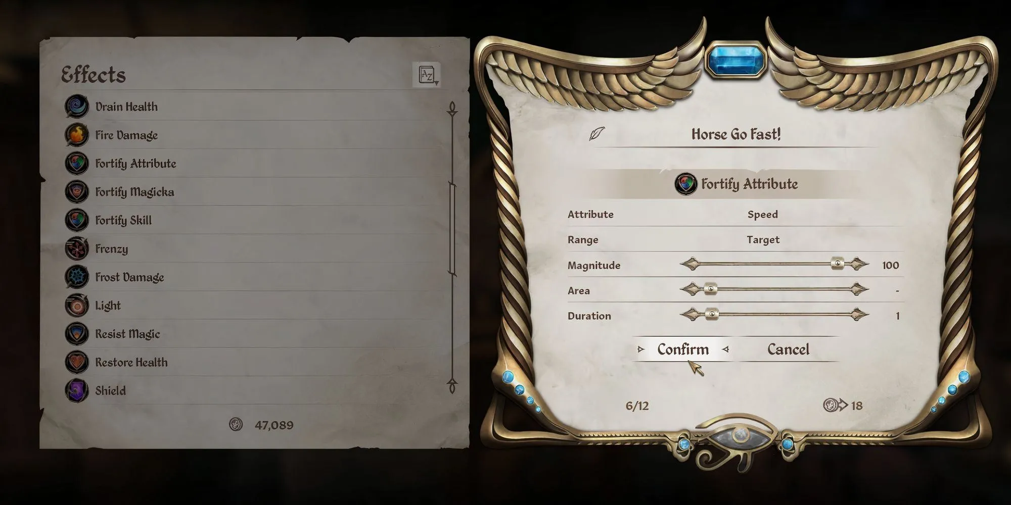 Hiệu ứng phép thuật (buff) được áp dụng lên ngựa trong Oblivion Remastered, minh họa khả năng Spellmaking