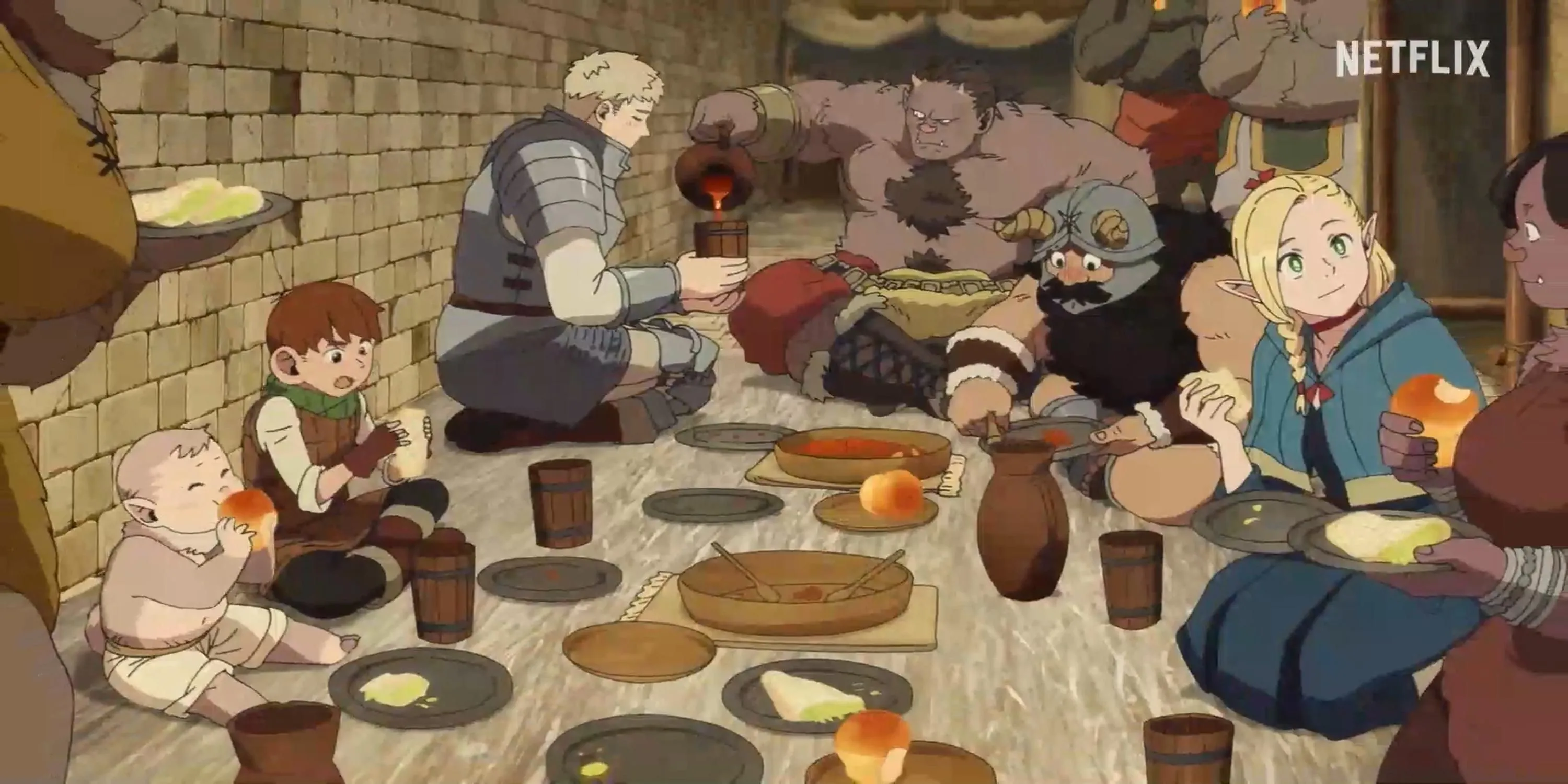 Hình ảnh các nhân vật chính trong anime Delicious in Dungeon đang chuẩn bị nấu ăn từ quái vật