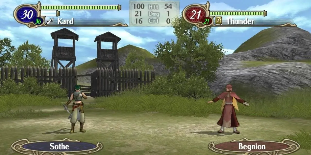 Hình ảnh chiến đấu trong Fire Emblem Radiant Dawn trên nền bản đồ chiến thuật dạng lưới.