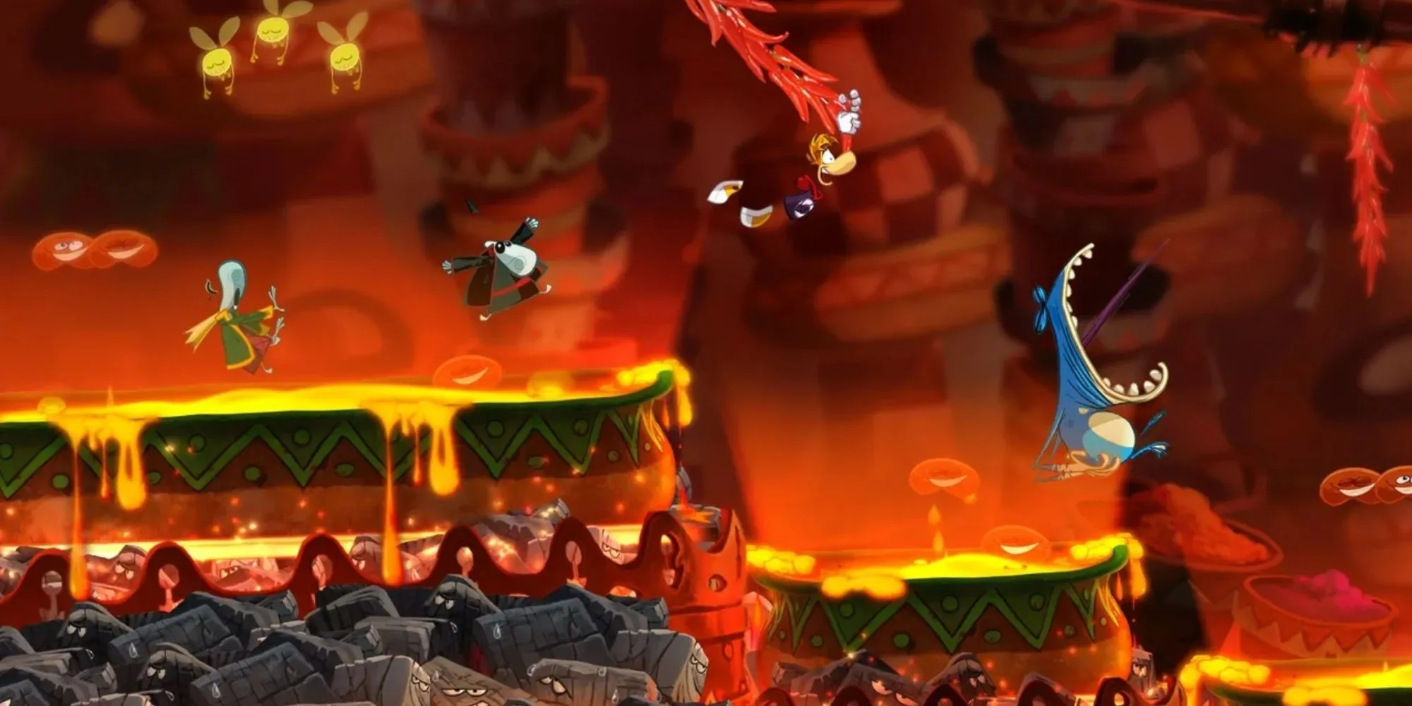Hình ảnh gameplay đầy màu sắc và sống động của Rayman Origins, với nhiều nhân vật cùng chạy nhảy.