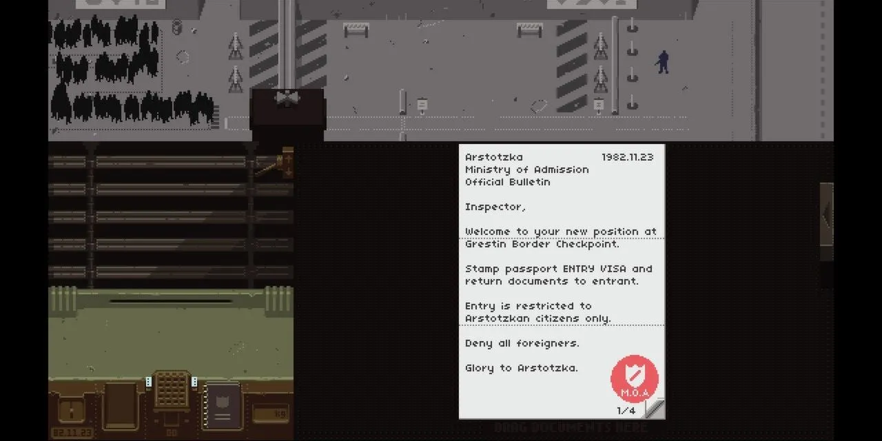 Hình ảnh gameplay tối giản nhưng đầy ám ảnh của Papers, Please.