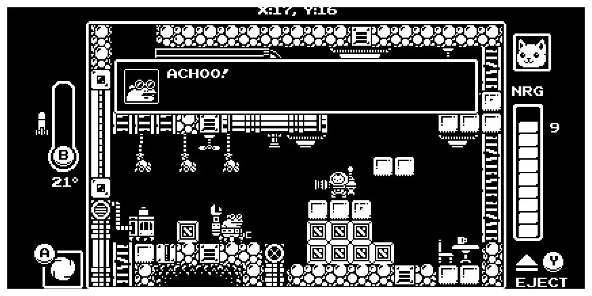 Hình ảnh Gato Roboto, một tựa game Metroidvania pixel art đen trắng với chú mèo trong bộ giáp robot.
