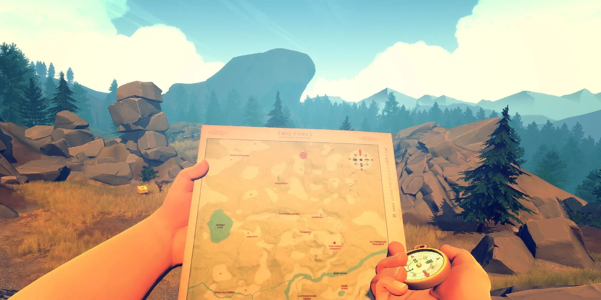 Hình ảnh Henry, nhân vật chính game Firewatch, xem bản đồ trong khu rừng vắng vẻ