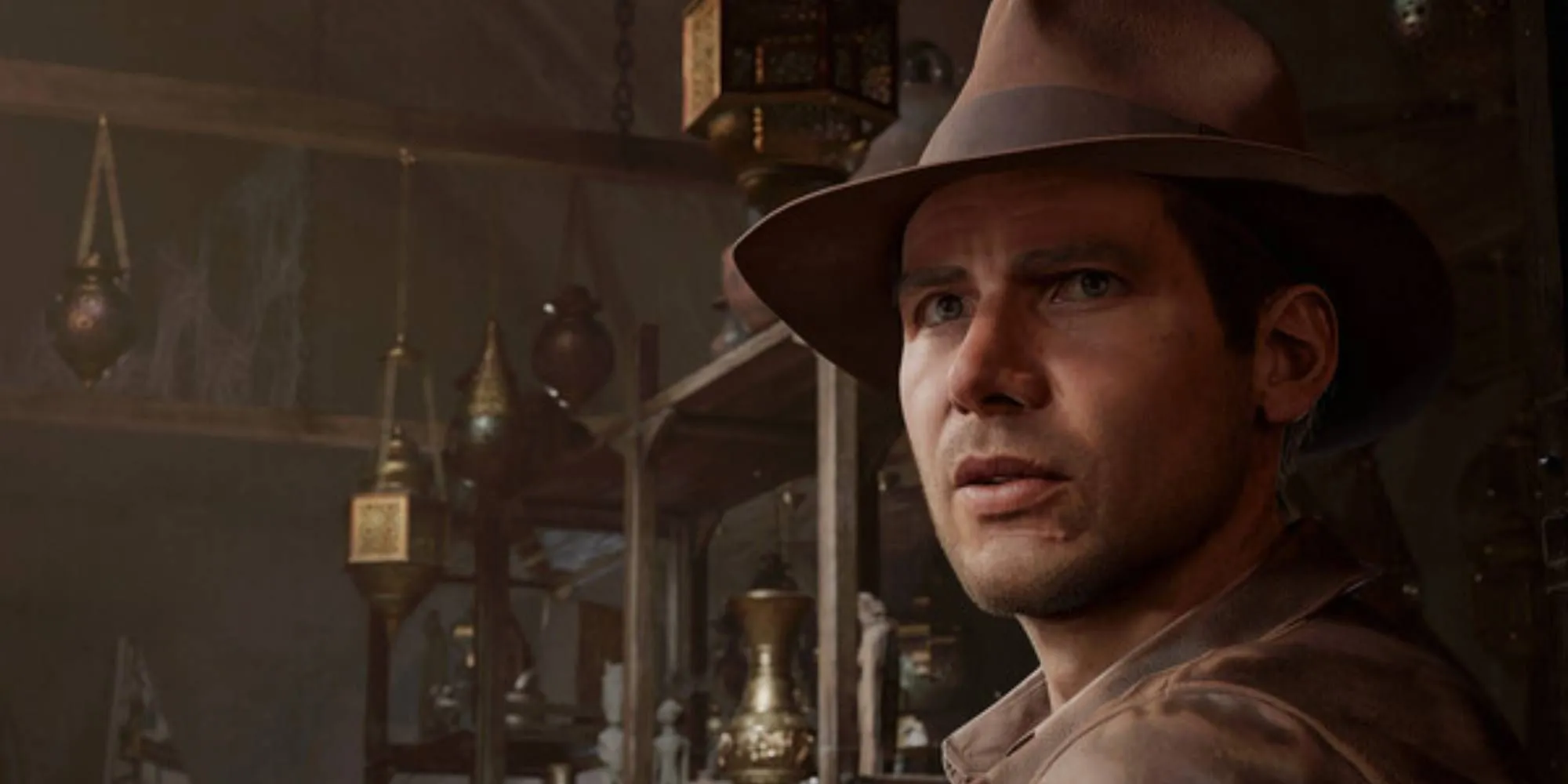 Hình ảnh Indiana Jones với chiếc roi da quen thuộc trong một phân cảnh của game Indiana Jones and the Great Circle