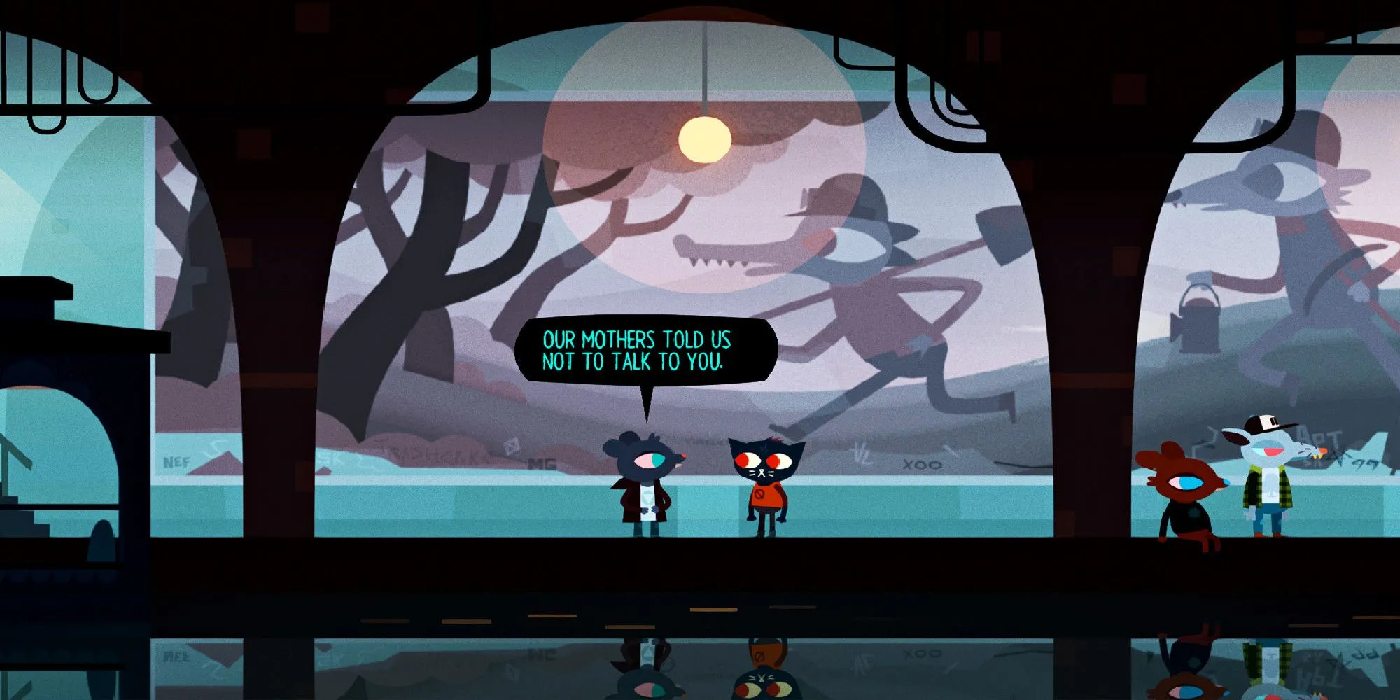 Hình ảnh Mae trò chuyện tại ga tàu điện ngầm trong game Night in the Woods