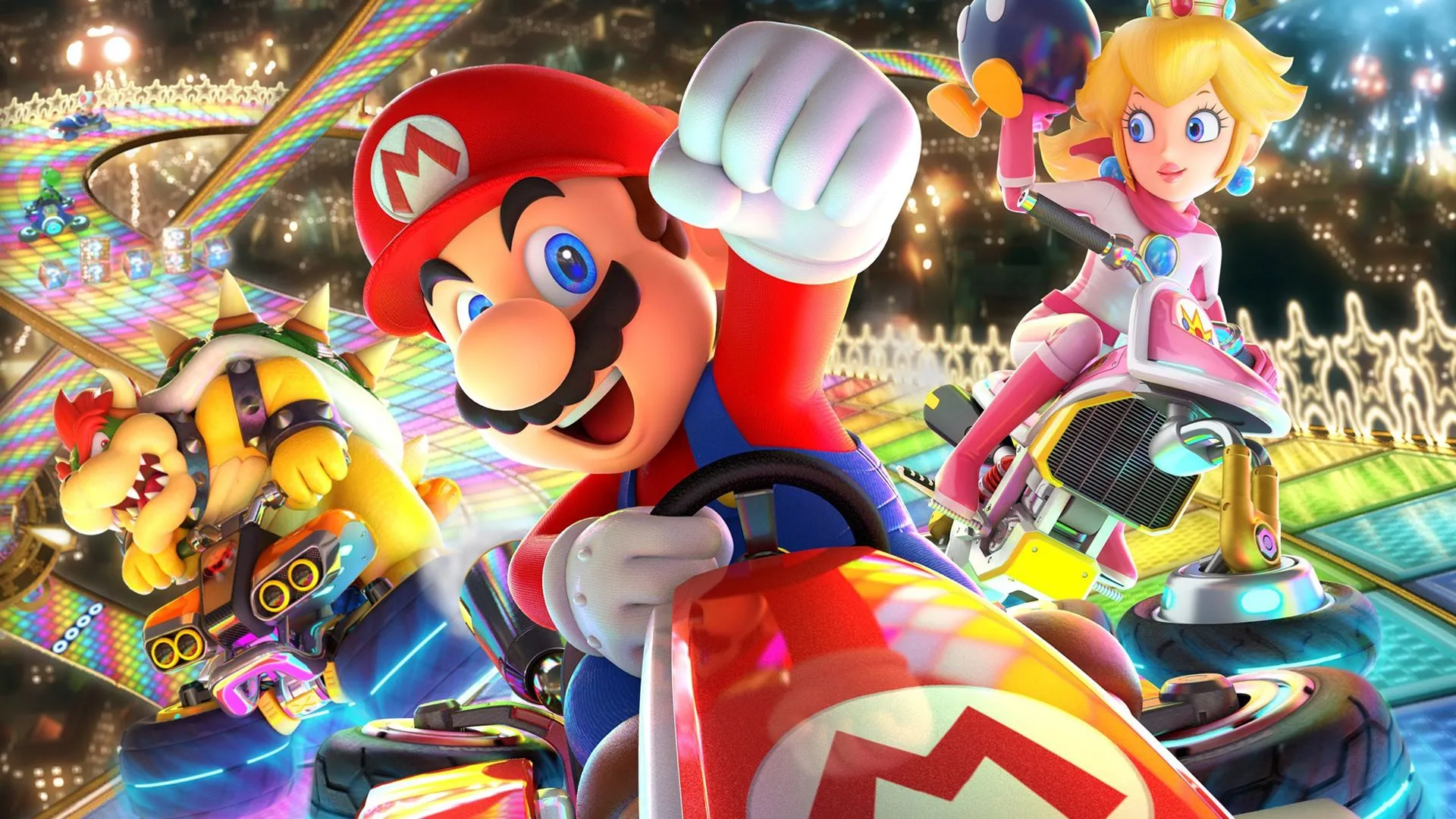 Hình ảnh Mario, Bowser và Peach trong game Mario Kart 8 Deluxe, một ví dụ về việc Nintendo port game từ Wii U sang Switch và có thể áp dụng chiến lược tương tự cho các game Nintendo Switch 2 Edition.