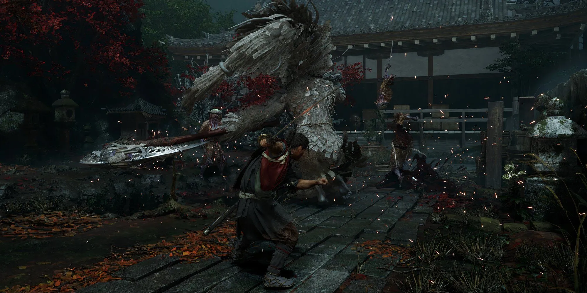 Hình ảnh Miyamoto Musashi trong Onimusha Way of the Sword đang chiến đấu với kẻ thù trong một khung cảnh đầy kịch tính