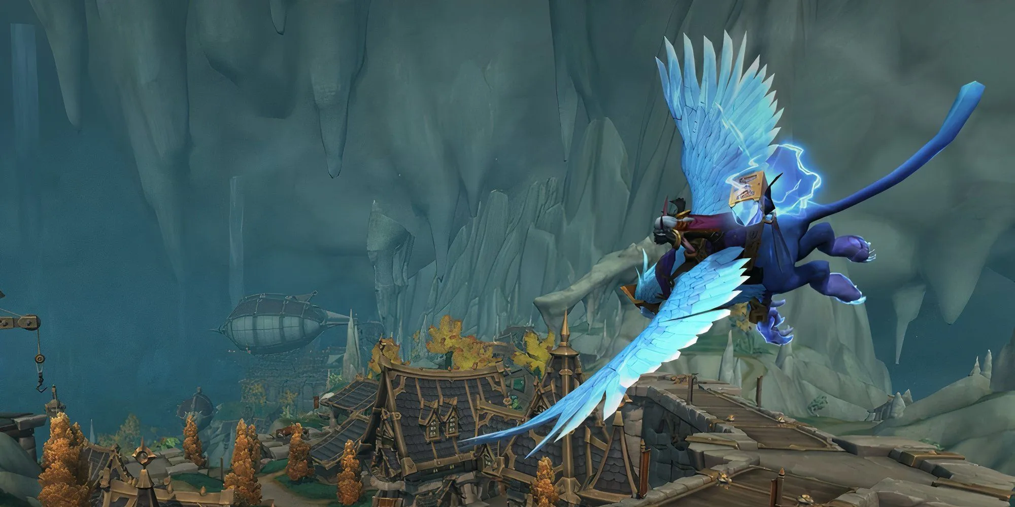 Hình ảnh quảng bá World of Warcraft The War Within với sinh vật có cánh bay trên thị trấn.