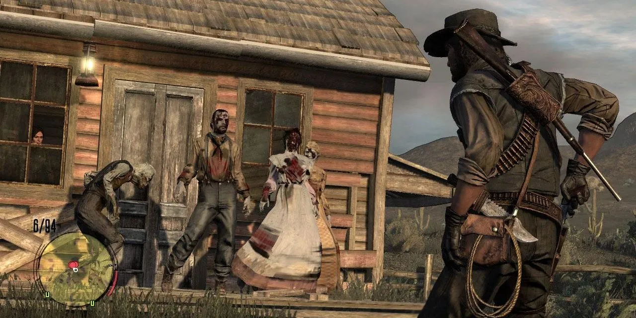 Hình ảnh quảng cáo cho DLC Undead Nightmare của Red Dead Redemption, với John Marston đối mặt với zombie.