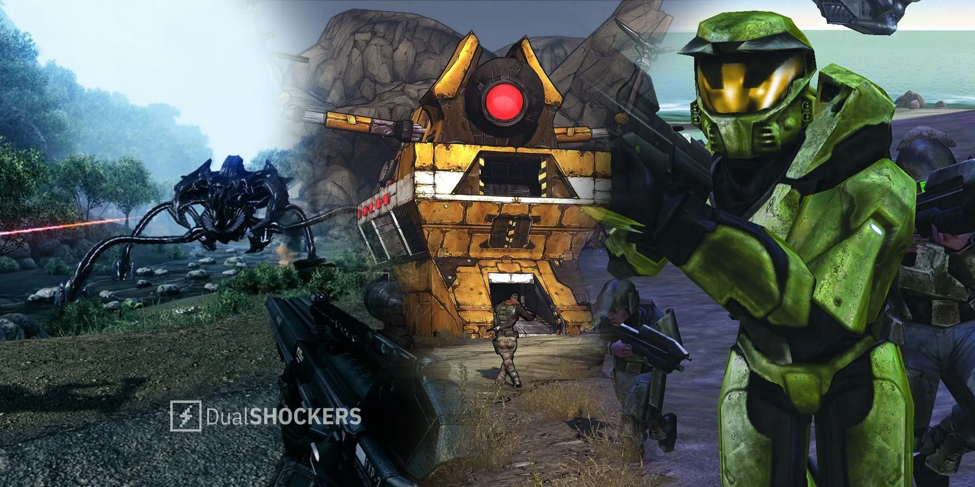 Hình ảnh so sánh ba game FPS: Crysis, Borderlands và Halo