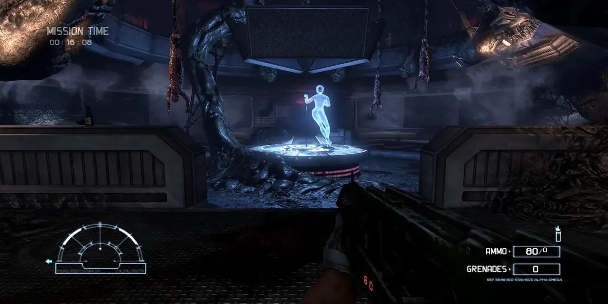 Hình ảnh từ gameplay của Aliens vs Predator trên PS3, cho thấy góc nhìn thứ nhất