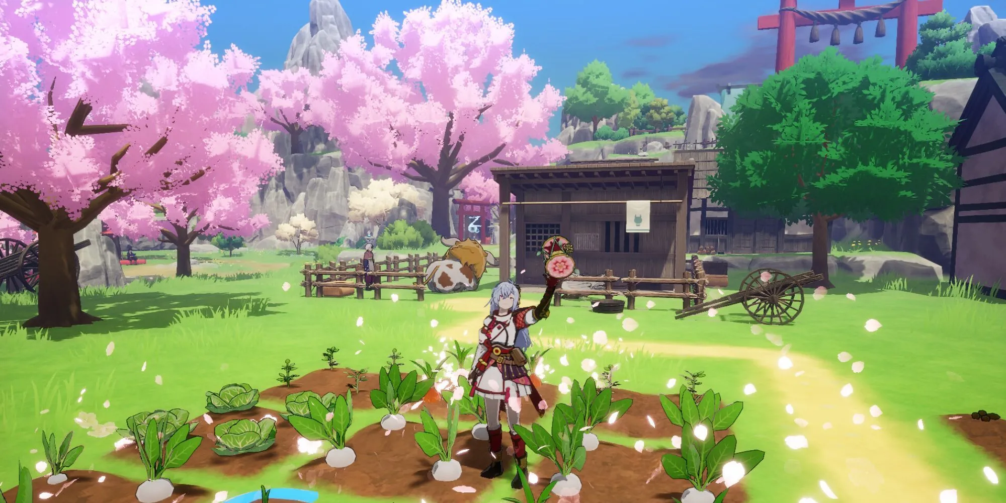 Hoạt động trồng trọt trong Rune Factory Guardians of Azuma, kết hợp yếu tố JRPG và mô phỏng nông trại.