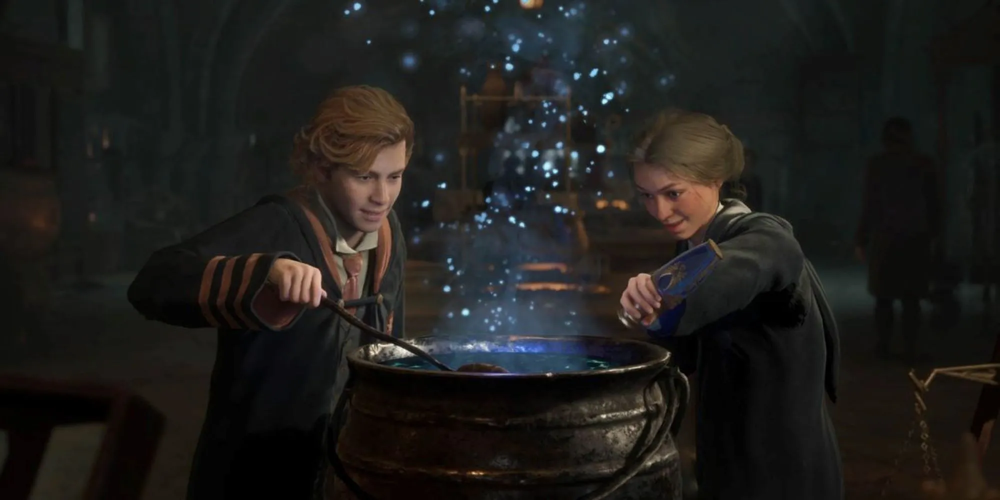 Học sinh Hogwarts Legacy cùng nhau bào chế độc dược trong lớp học.