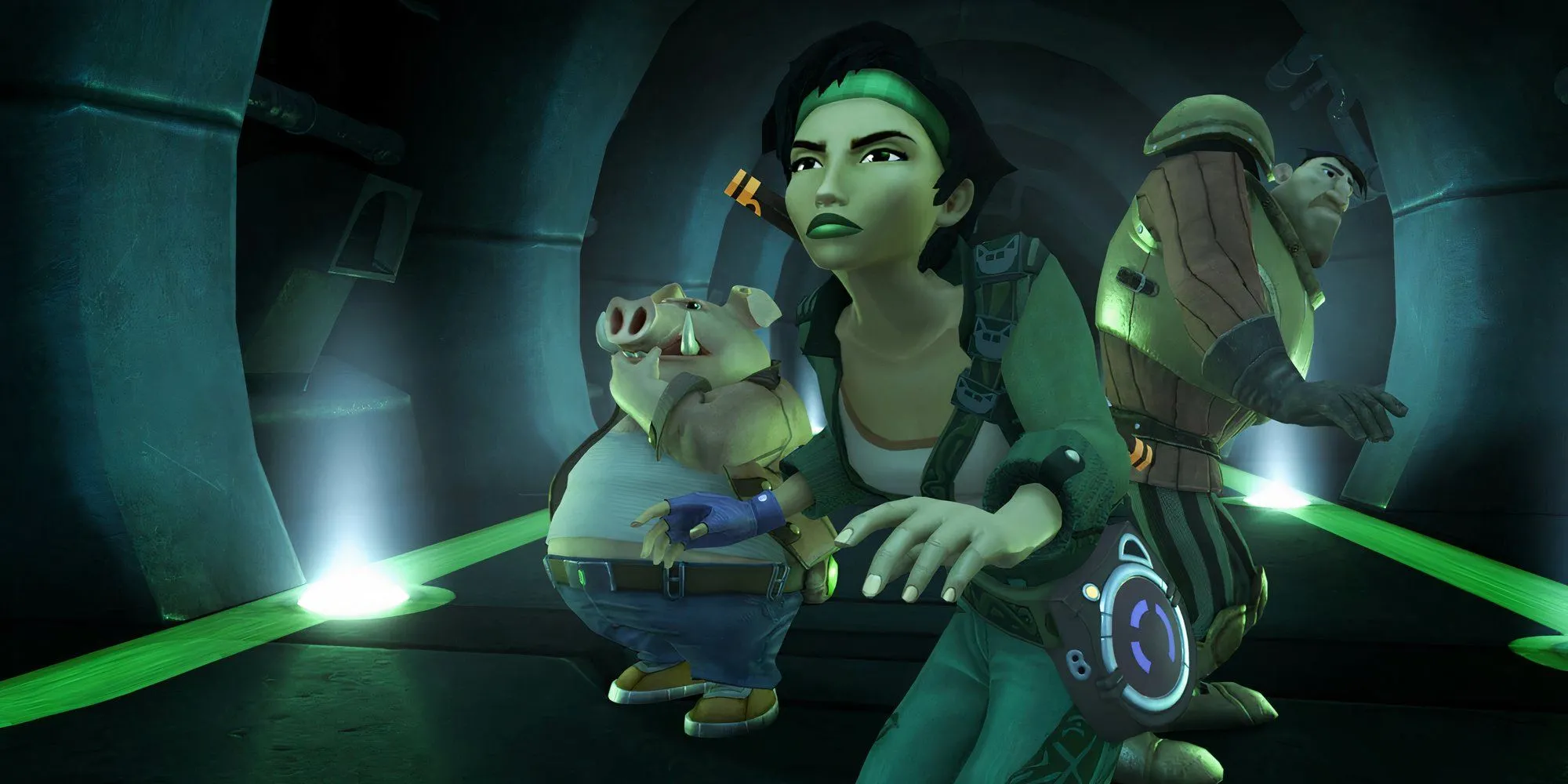 Jade và Pey'j đứng trong đường hầm trong game Beyond Good & Evil
