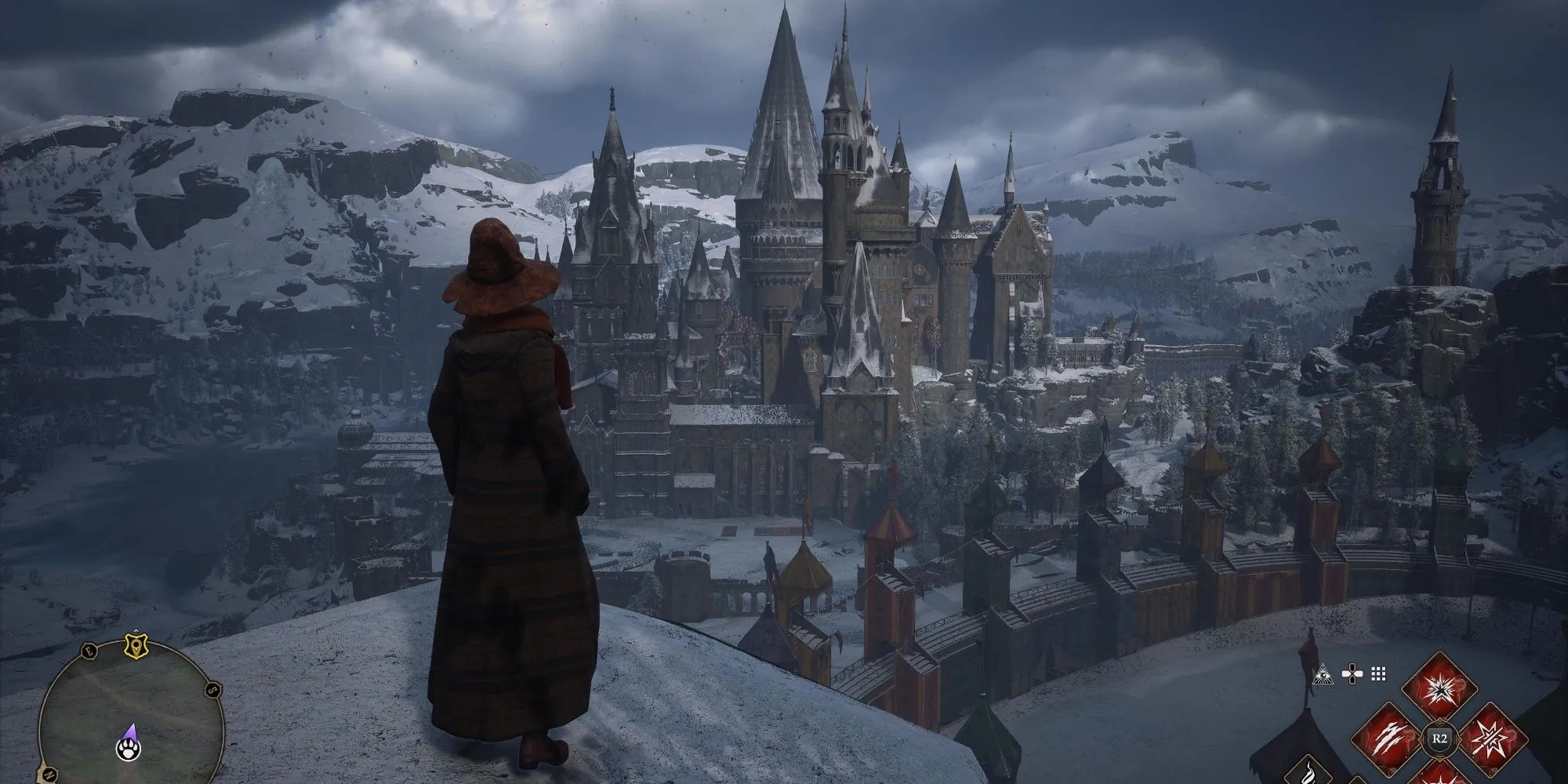 Khung cảnh Hogwarts Legacy nhìn từ Hang Mooncalf
