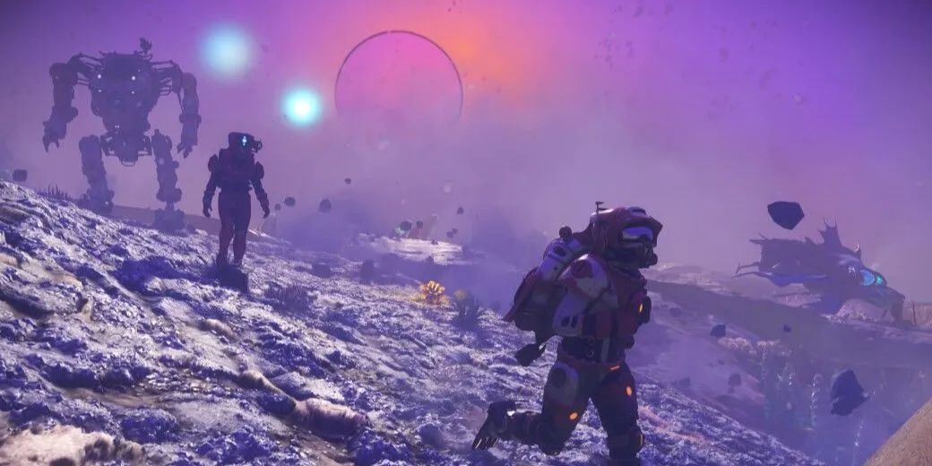 Khung cảnh hùng vĩ của một hành tinh khí khổng lồ trong No Man's Sky, nơi game thủ có thể tìm kiếm di vật cổ đại.