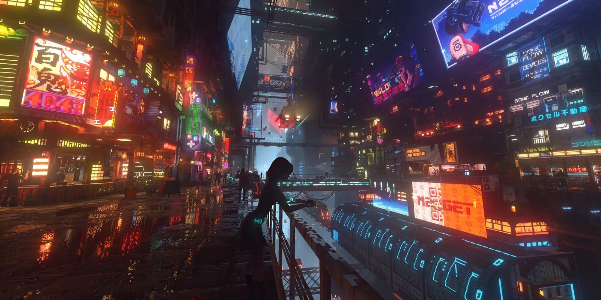 Khung cảnh thành phố cyberpunk trong Nivalis với đồ họa voxel độc đáo.