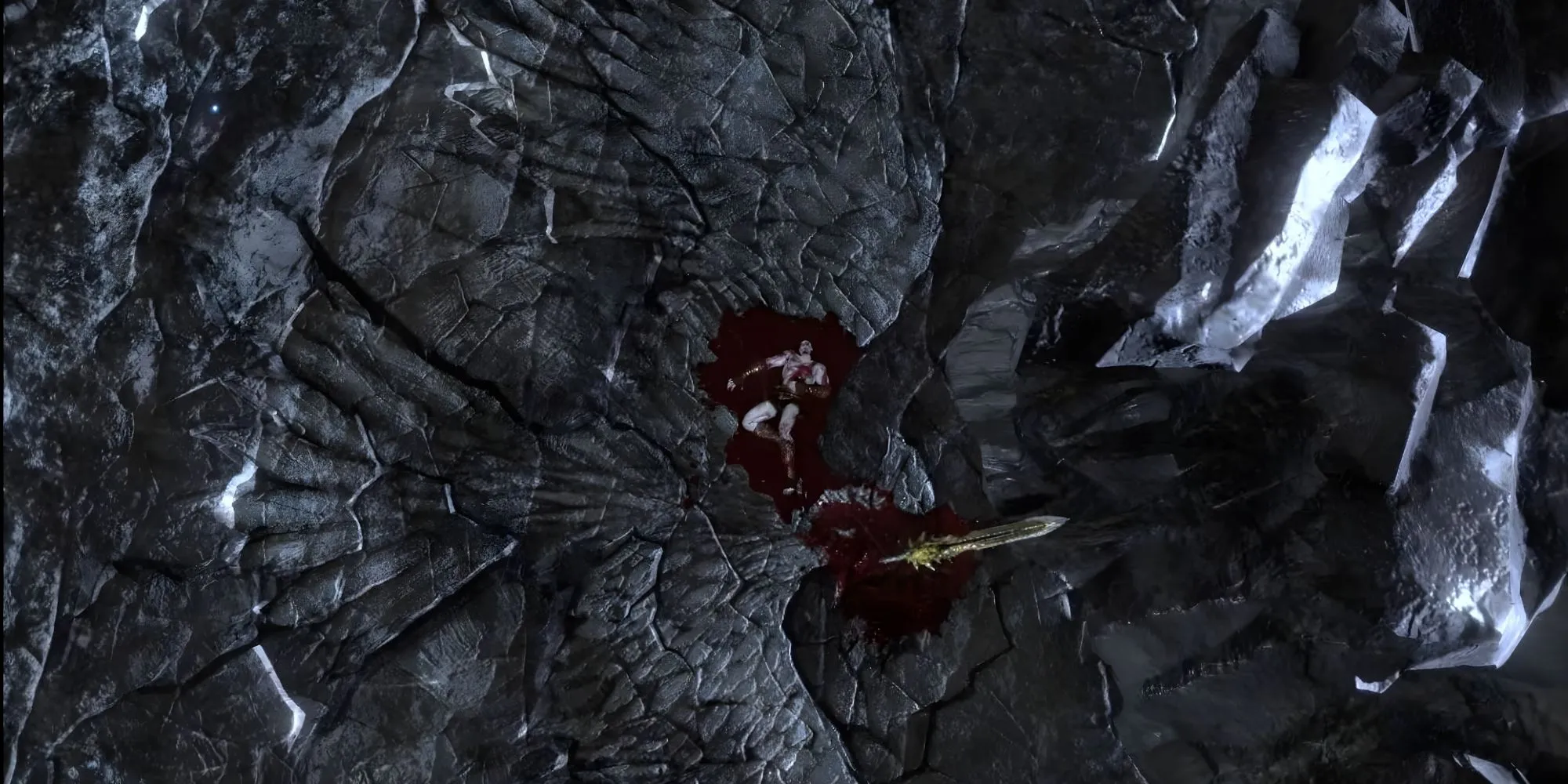 Kratos đứng giữa đống đổ nát ở cuối God of War 3