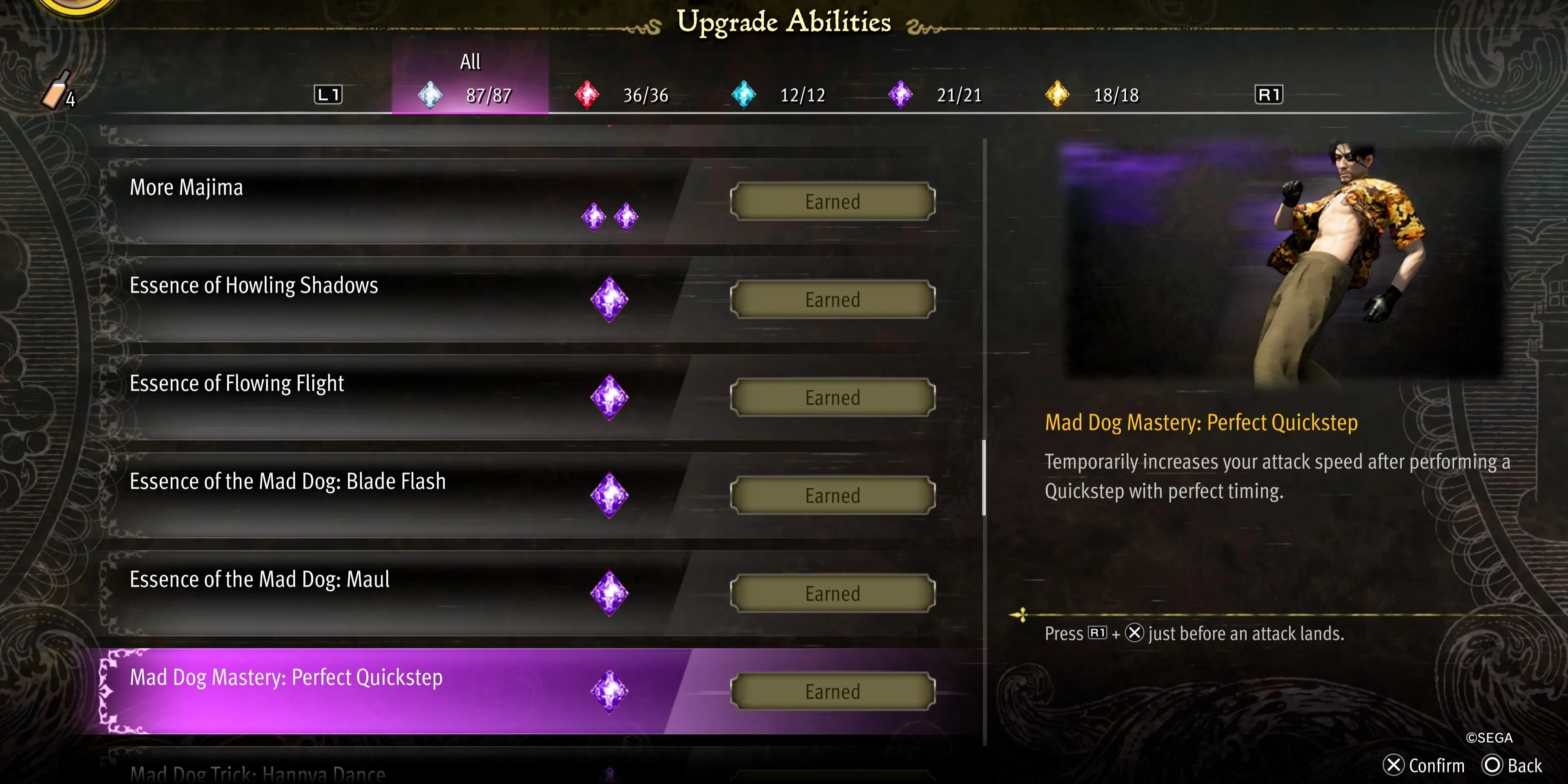 Kỹ năng Mad Dog Mastery Perfect Quickstep trong Pirate Yakuza tăng tốc độ tấn công sau khi né hoàn hảo