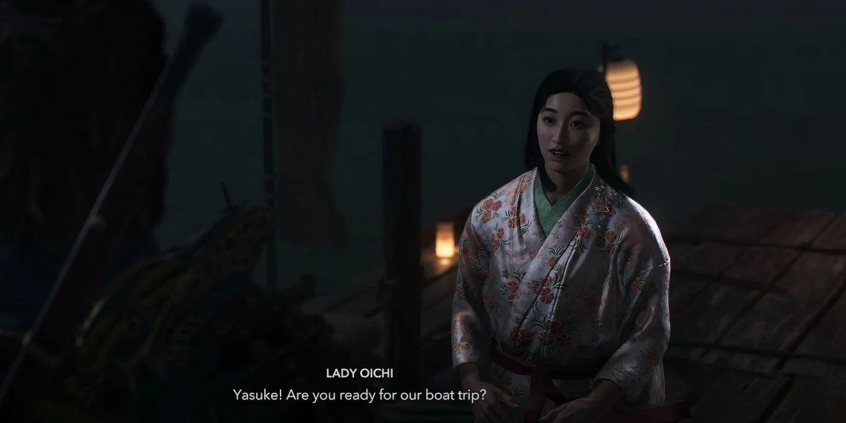 Lady Oichi chờ đợi Yasuke tại bến tàu đền Isakiji để bắt đầu nghi lễ thanh tẩy