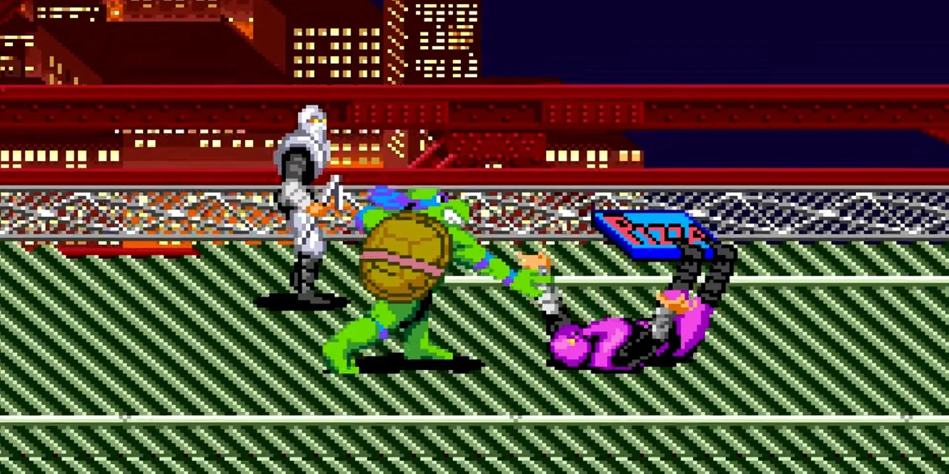 Leonardo ném một tên lính Foot Clan trong Teenage Mutant Ninja Turtles: Turtles in Time