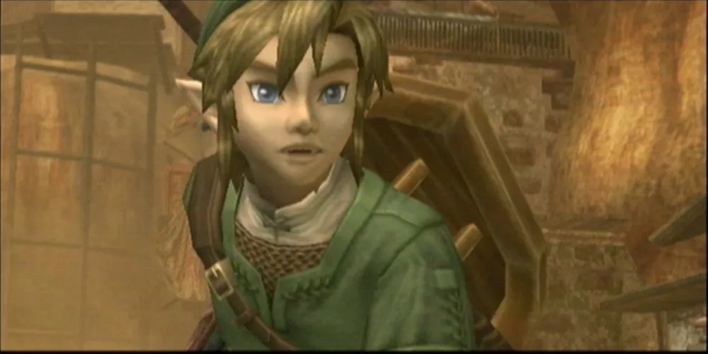 Link trong hình dạng sói cùng Midna đứng trước bối cảnh vùng Twilight đầy bí ẩn trong The Legend of Zelda Twilight Princess.