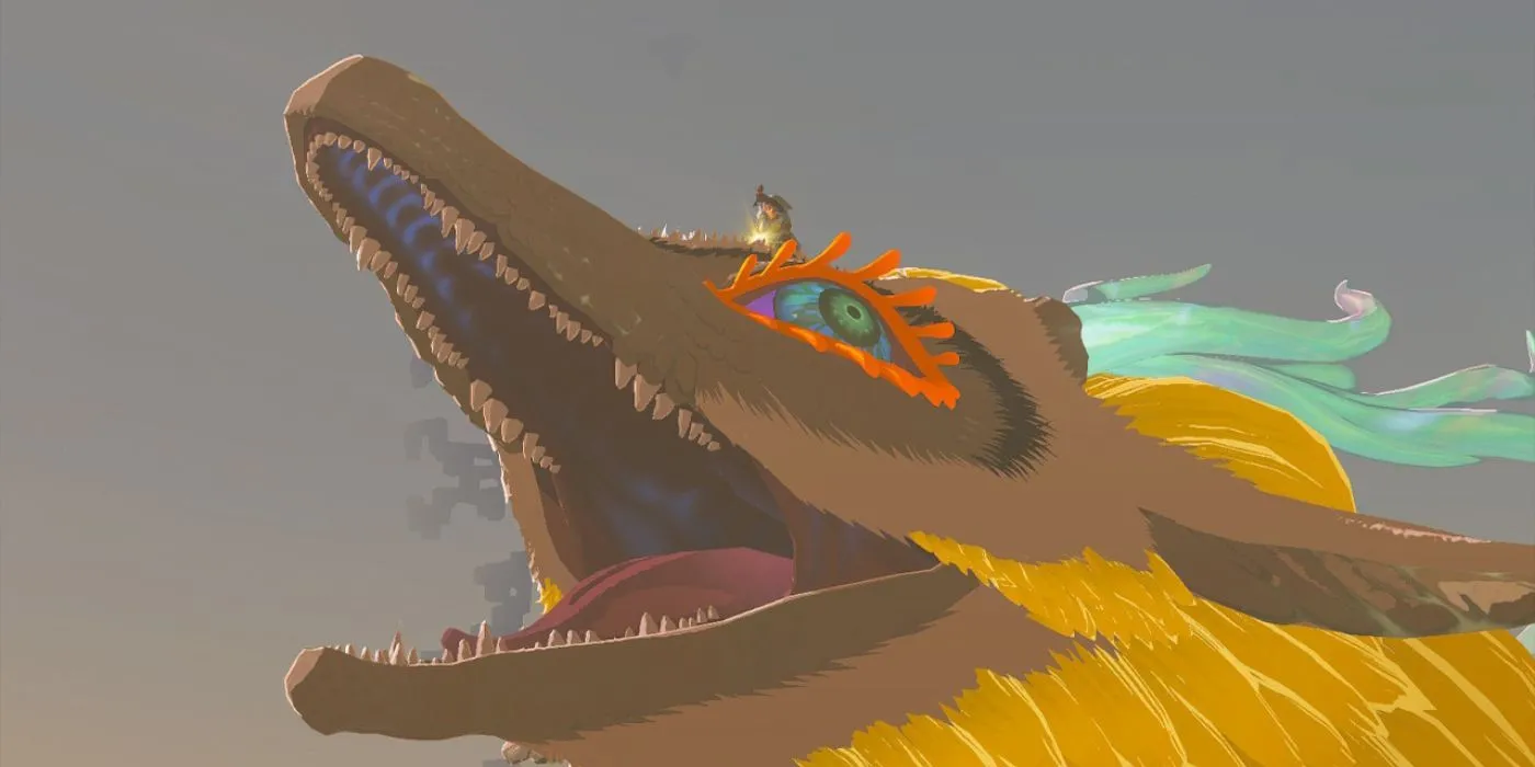Link và thanh Master Sword trên lưng Light Dragon bay lượn trong Zelda Tears of the Kingdom