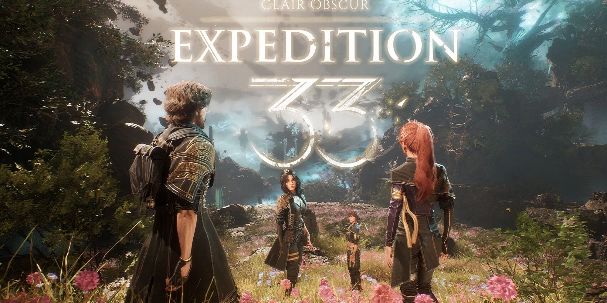 Logo và nhóm nhân vật chính trong game RPG Clair Obscur: Expedition 33