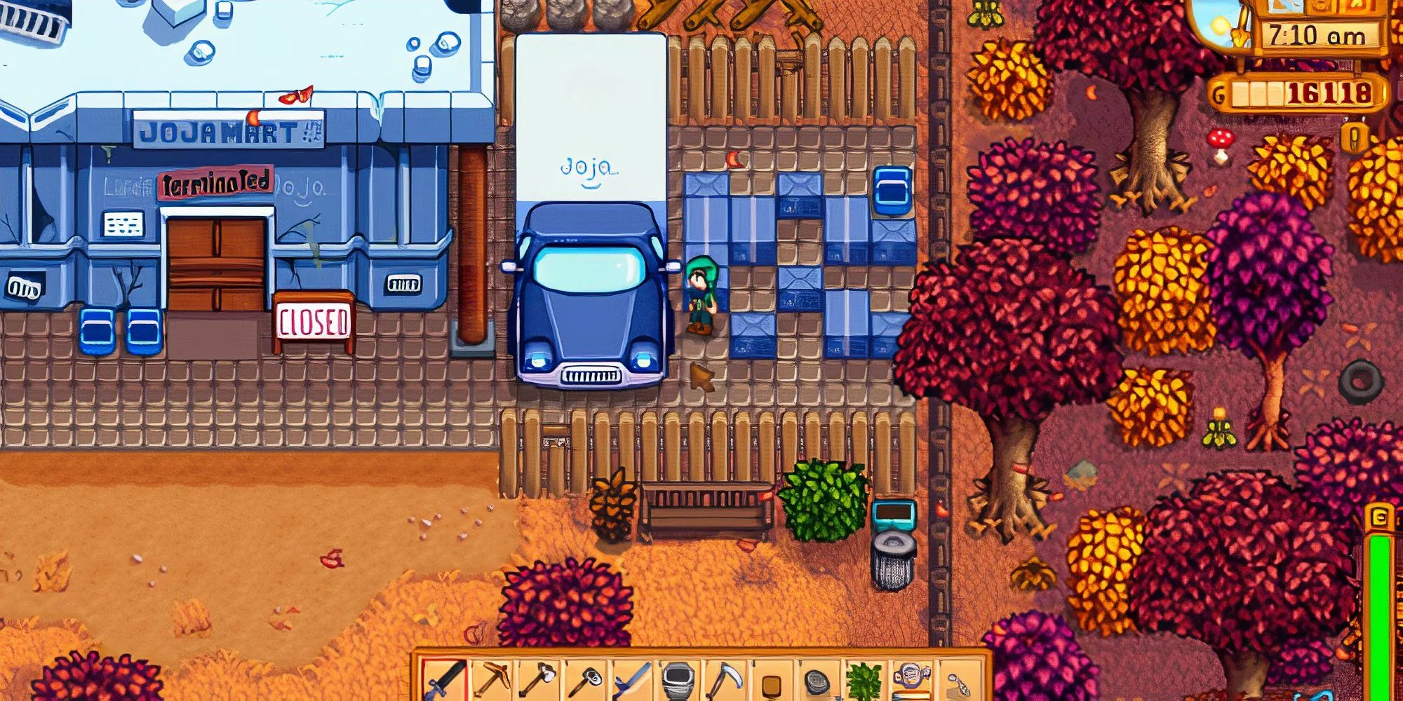 Lối vào siêu thị Joja Mart trong Stardew Valley với biển hiệu đặc trưng.