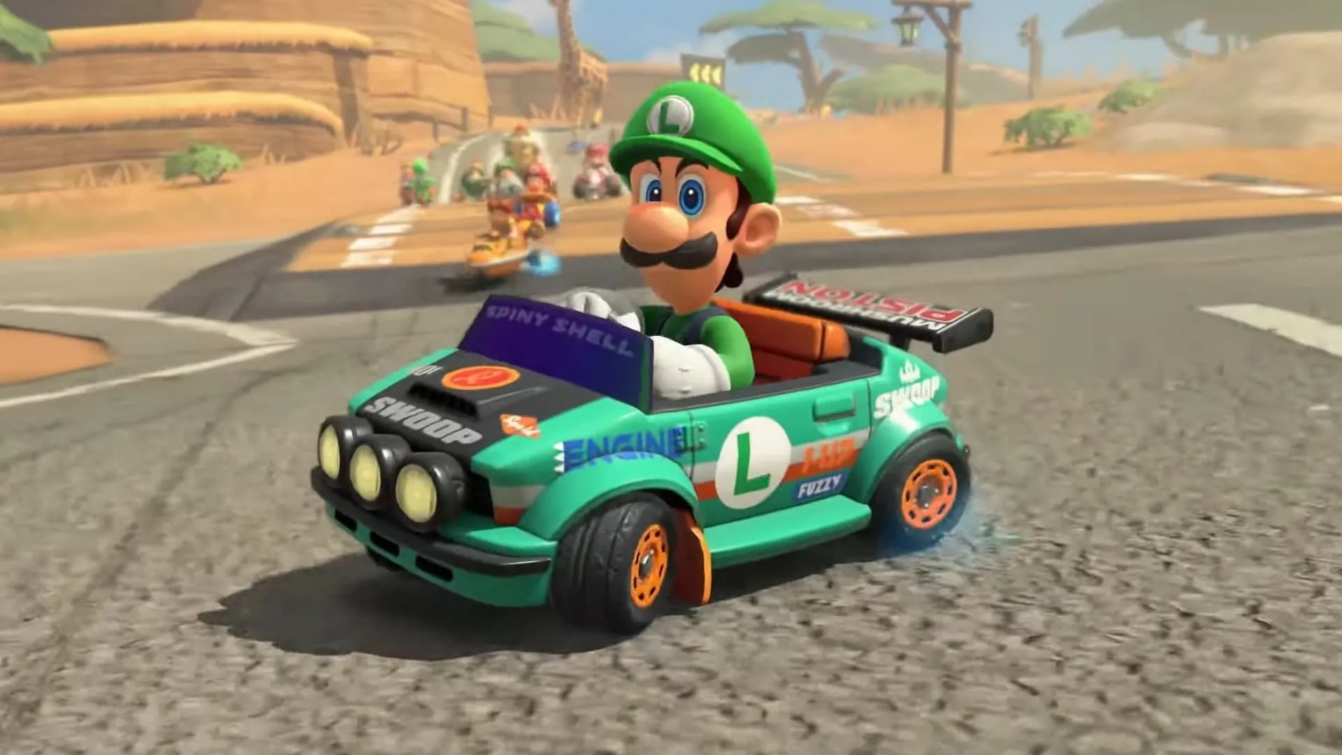 Luigi lái xe trong tựa game Mario Kart World.