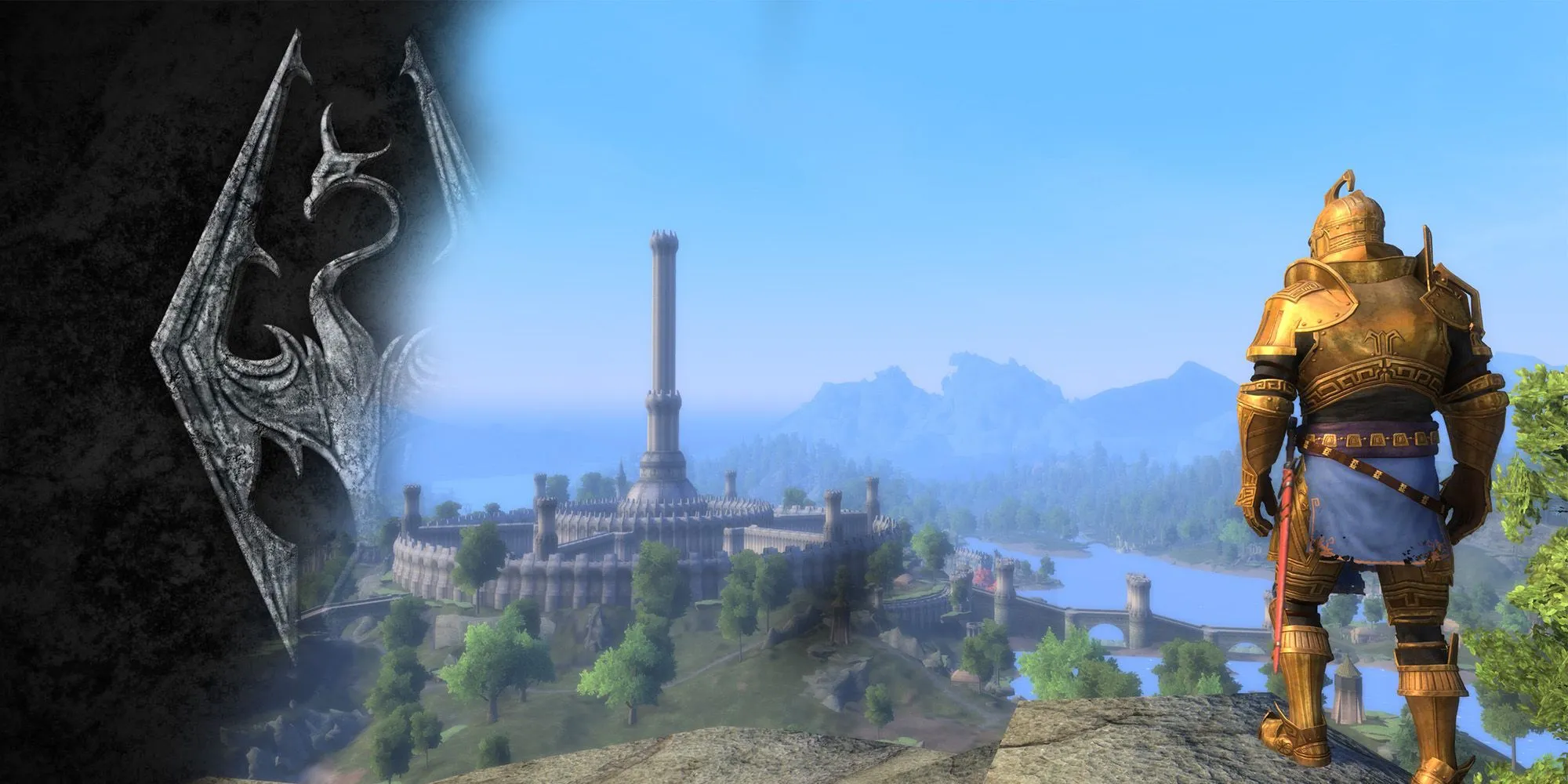 Màn hình mờ dần logo Skyrim thành nhân vật Skyblivion nhìn xuống thành phố