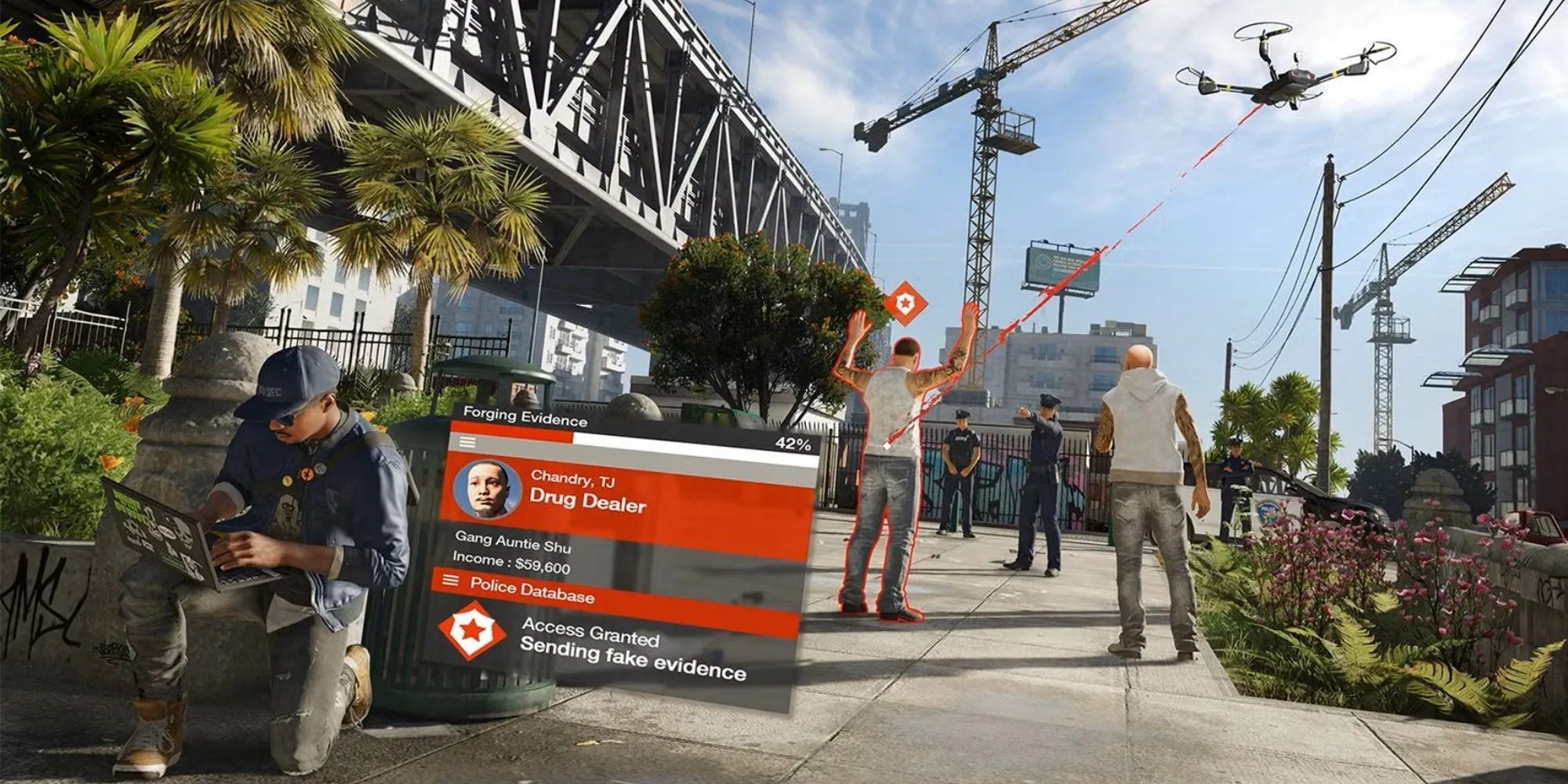 Marcus Holloway từ Watch Dogs 2 đang sử dụng điện thoại để hack vào hệ thống thành phố