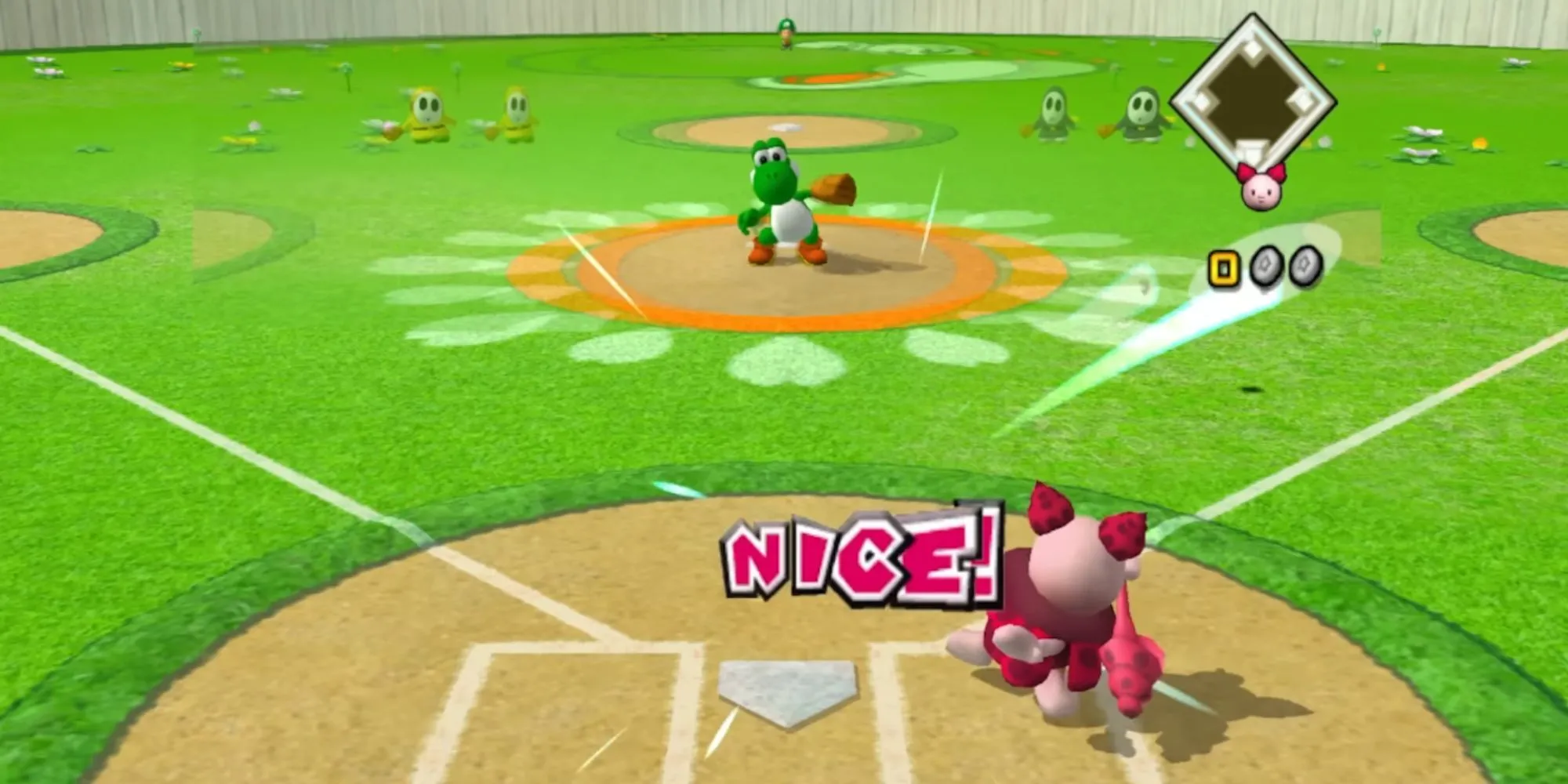 Mario và các nhân vật khác trong một trận đấu bóng chày của Mario Superstar Baseball