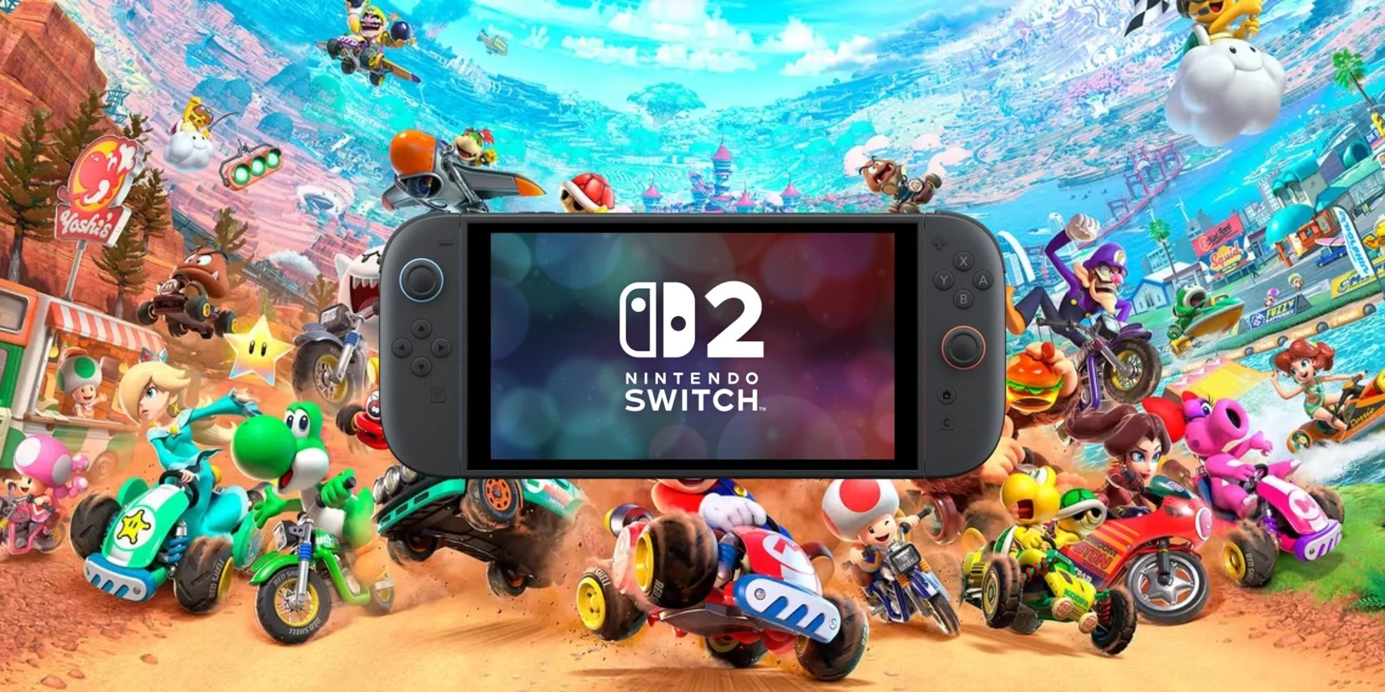 Máy chơi game Nintendo Switch 2 với hình ảnh Mario Kart World phía sau.