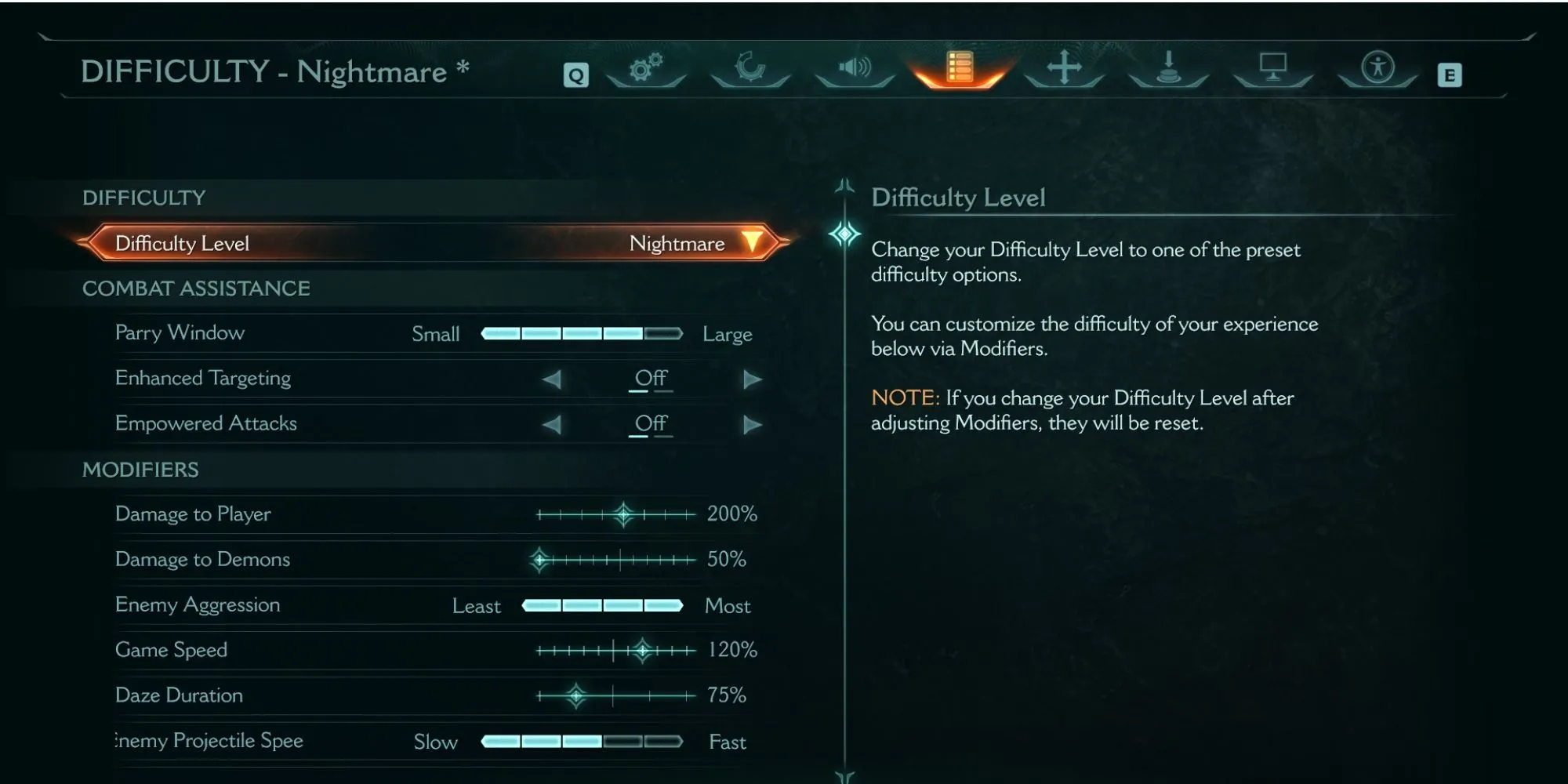 Menu tùy chỉnh độ khó nâng cao với các thiết lập như Sát thương, Tốc độ game trong DOOM The Dark Ages