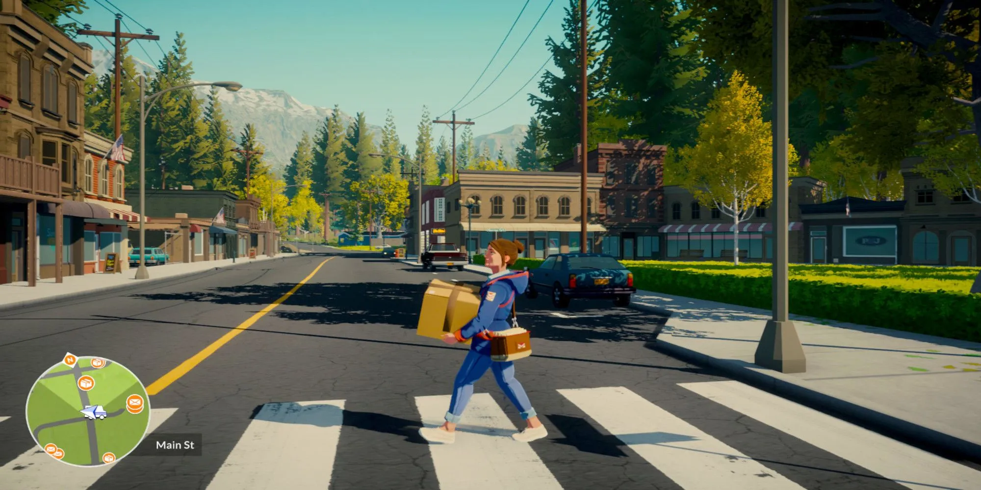 Meredith đang đi qua đường với các gói hàng trong game Lake