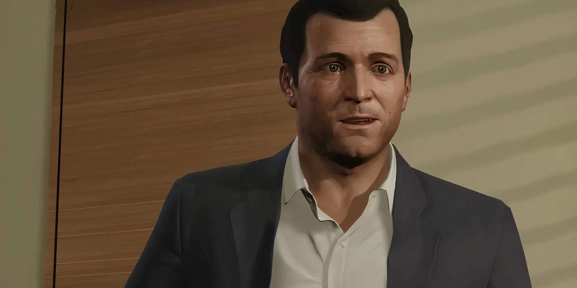 Michael De Santa trong GTA V dựa tường đầy suy tư