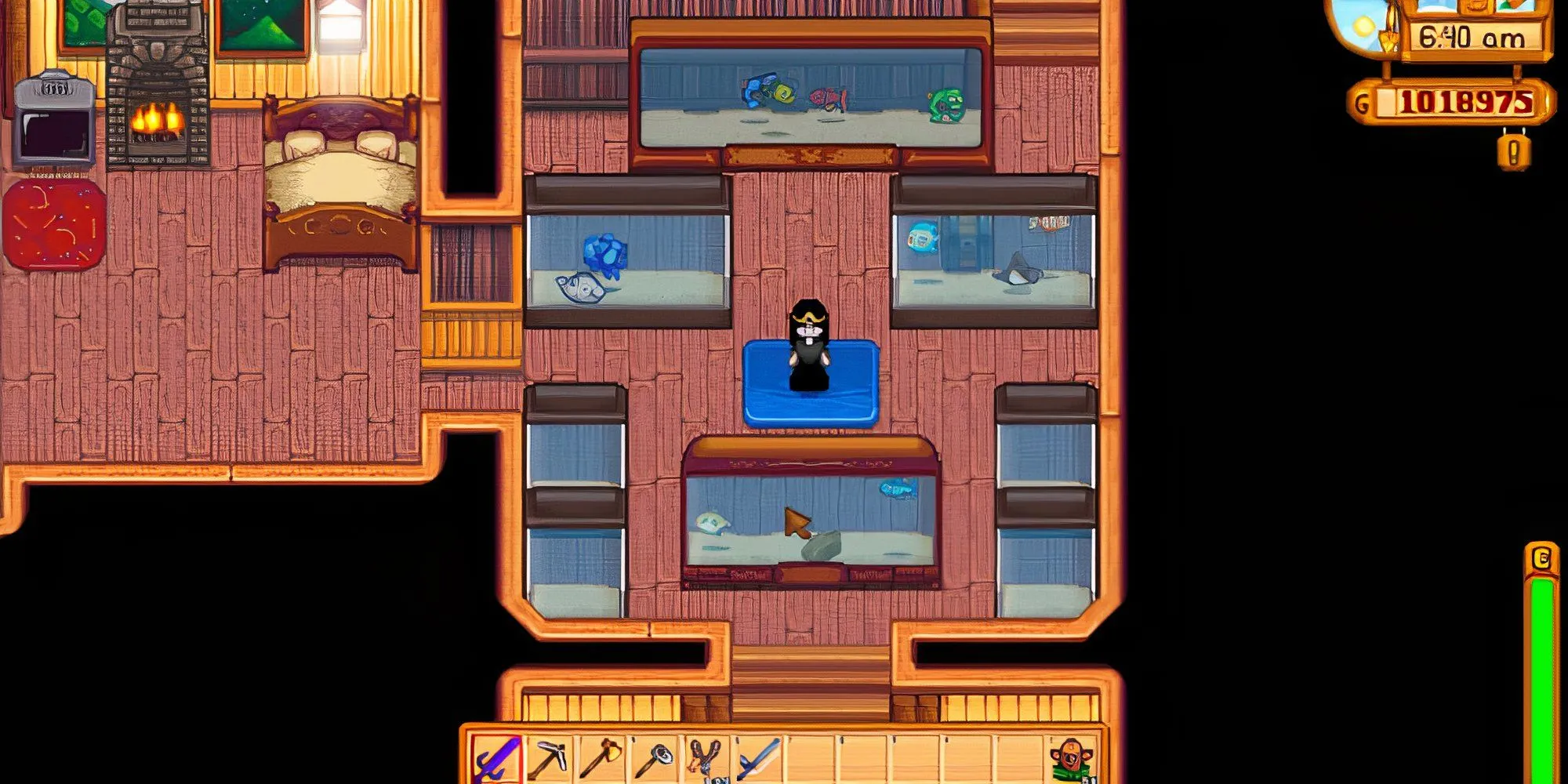 Một bể cá lớn được trang trí đẹp mắt trong nhà của người chơi Stardew Valley.