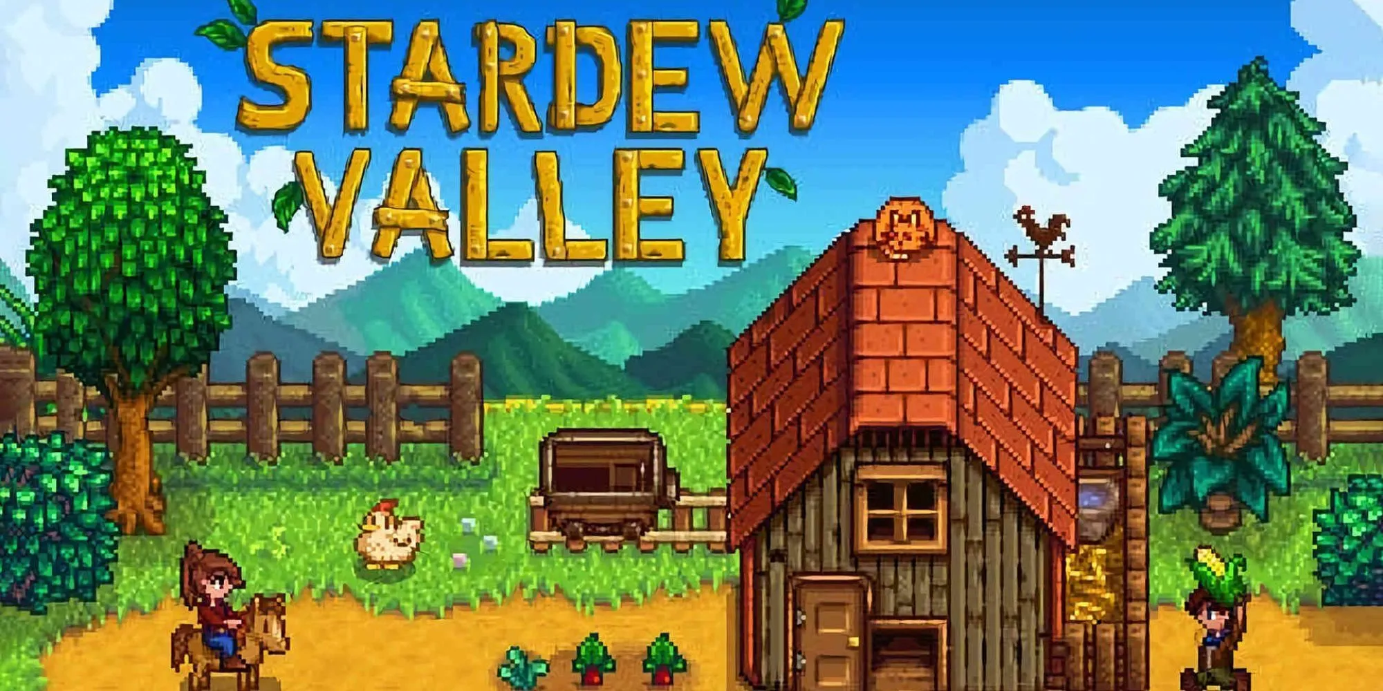 Một bức ảnh minh họa thế giới Stardew Valley với ngôi nhà, cây trồng và nhân vật